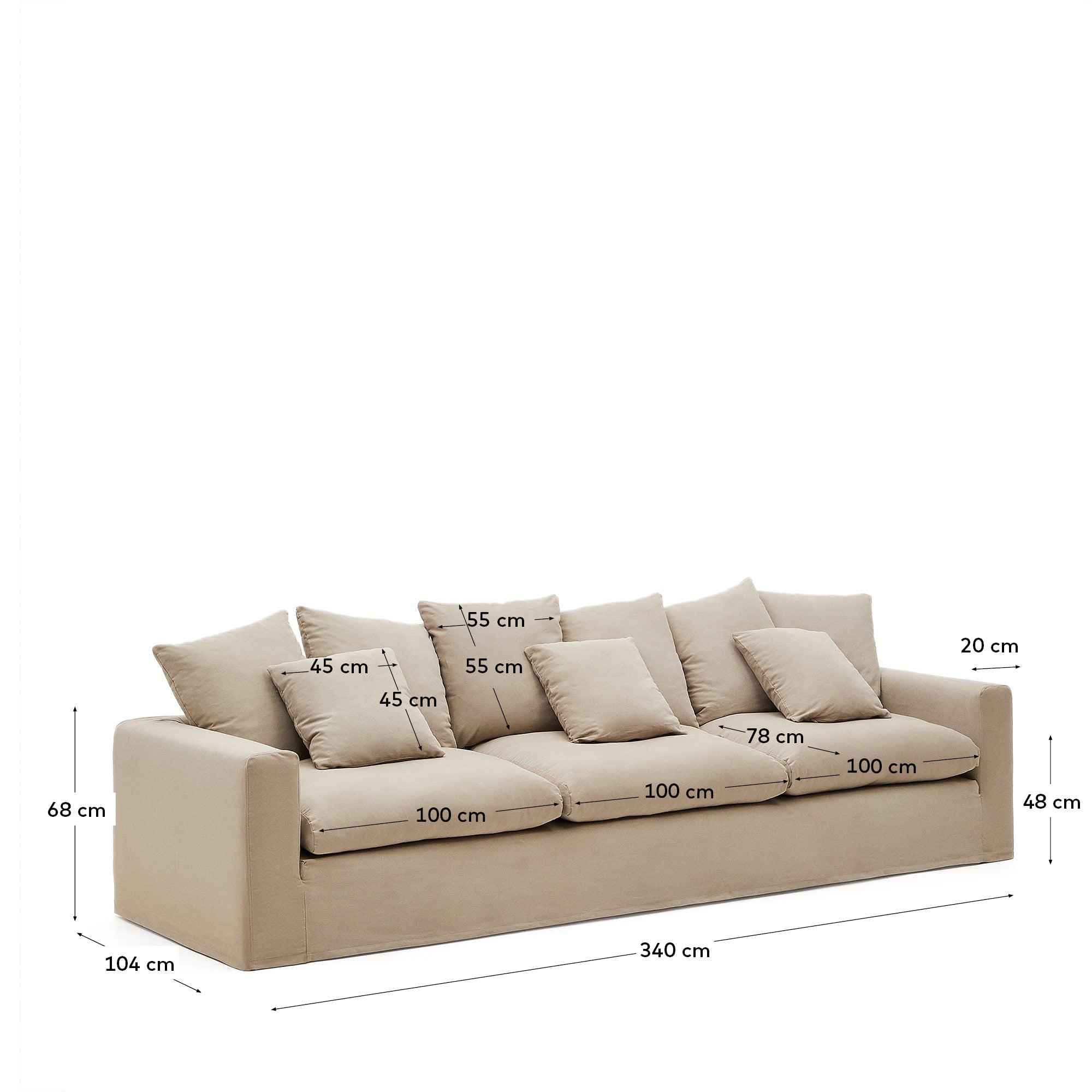 Geräumiges 4-Sitzer Sofa Nora von Kave Home, 340 cm, mit abziehbaren Bezügen aus atmungsaktivem Leinen und Baumwolle in stilvollem Taupe.