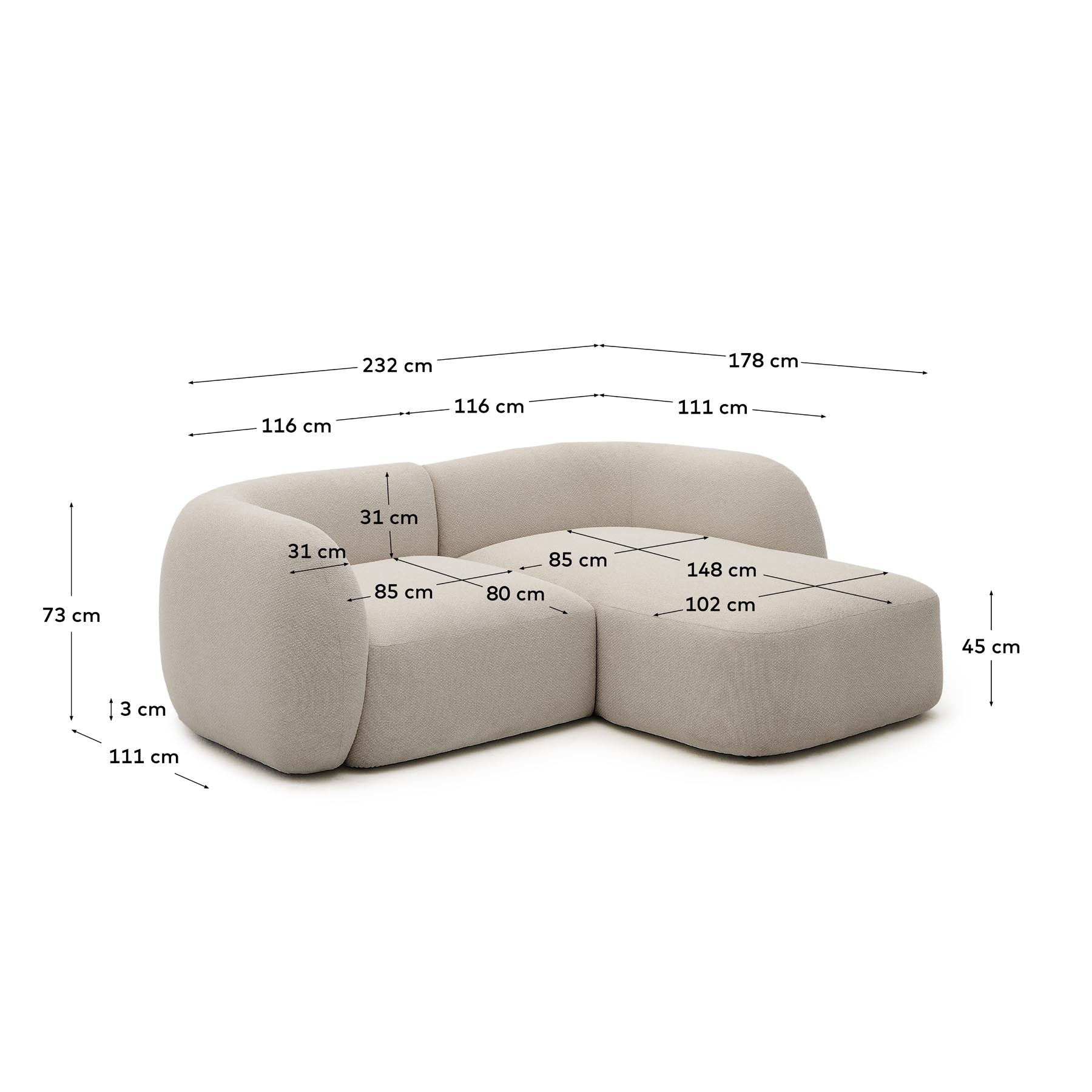 Schwer entflammbares 2-Sitzer-Modularsofa Martina mit Chenille und Chaiselongue rechts in Steinton 230 cm in Steinfarben präsentiert im Onlineshop von KAQTU Design AG. L-Sofa rechts ist von Kave Home