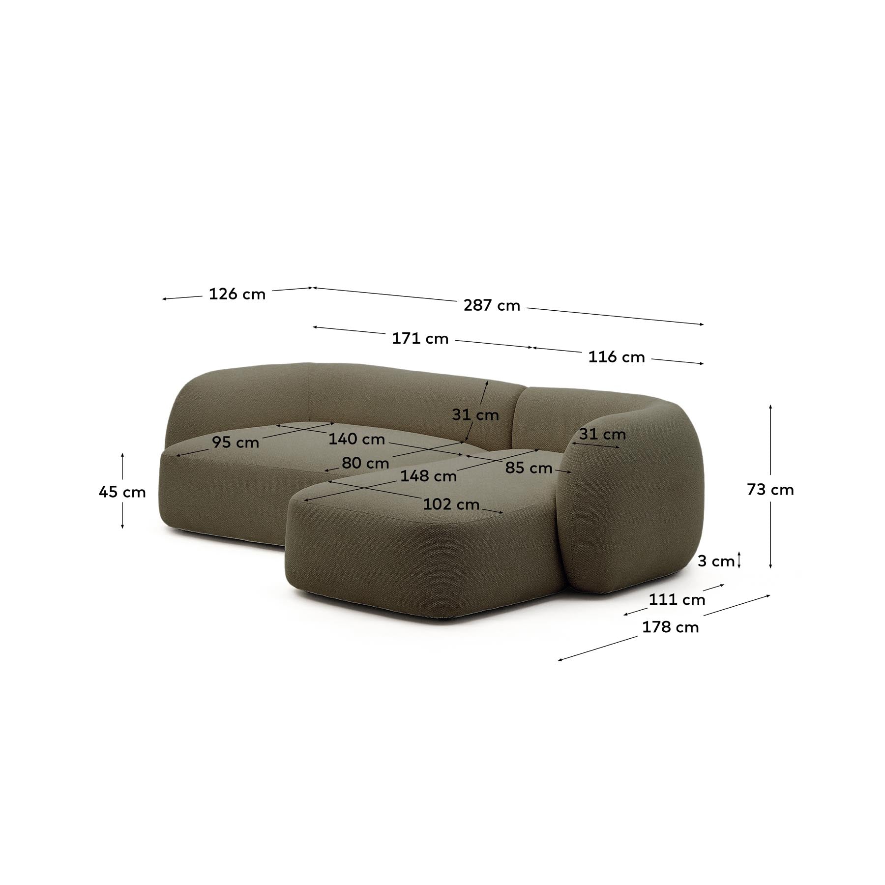 Schwer entflammbares 3-Sitzer-Modularsofa Martina mit Chenille und Chaiselongue rechts in Grün 287 cm in Grün präsentiert im Onlineshop von KAQTU Design AG. L-Sofa rechts ist von Kave Home