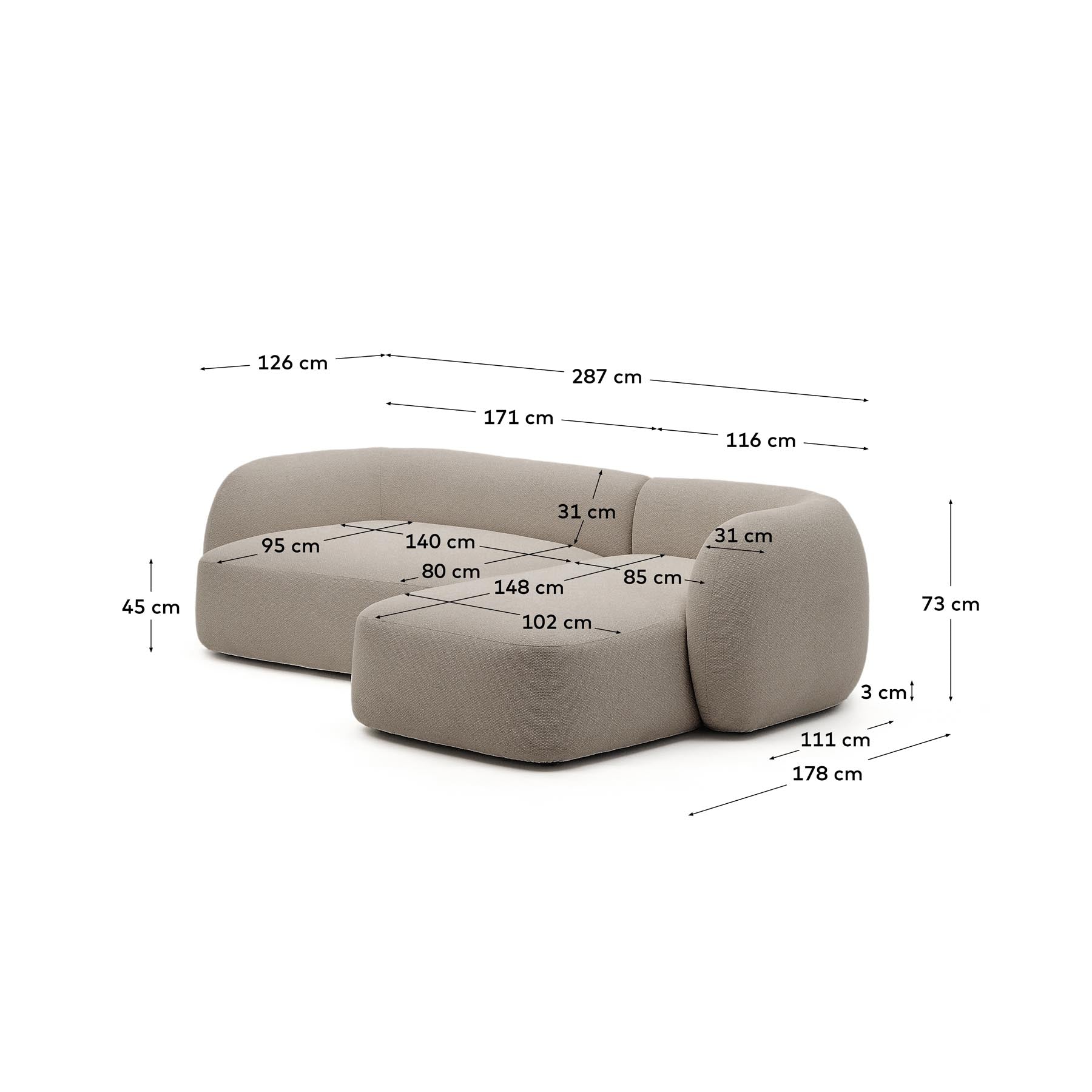 Schwer entflammbares 3-Sitzer-Modularsofa Martina mit Chenille und Chaiselongue rechts in Steinton 287 cm in Steinfarben präsentiert im Onlineshop von KAQTU Design AG. L-Sofa rechts ist von Kave Home