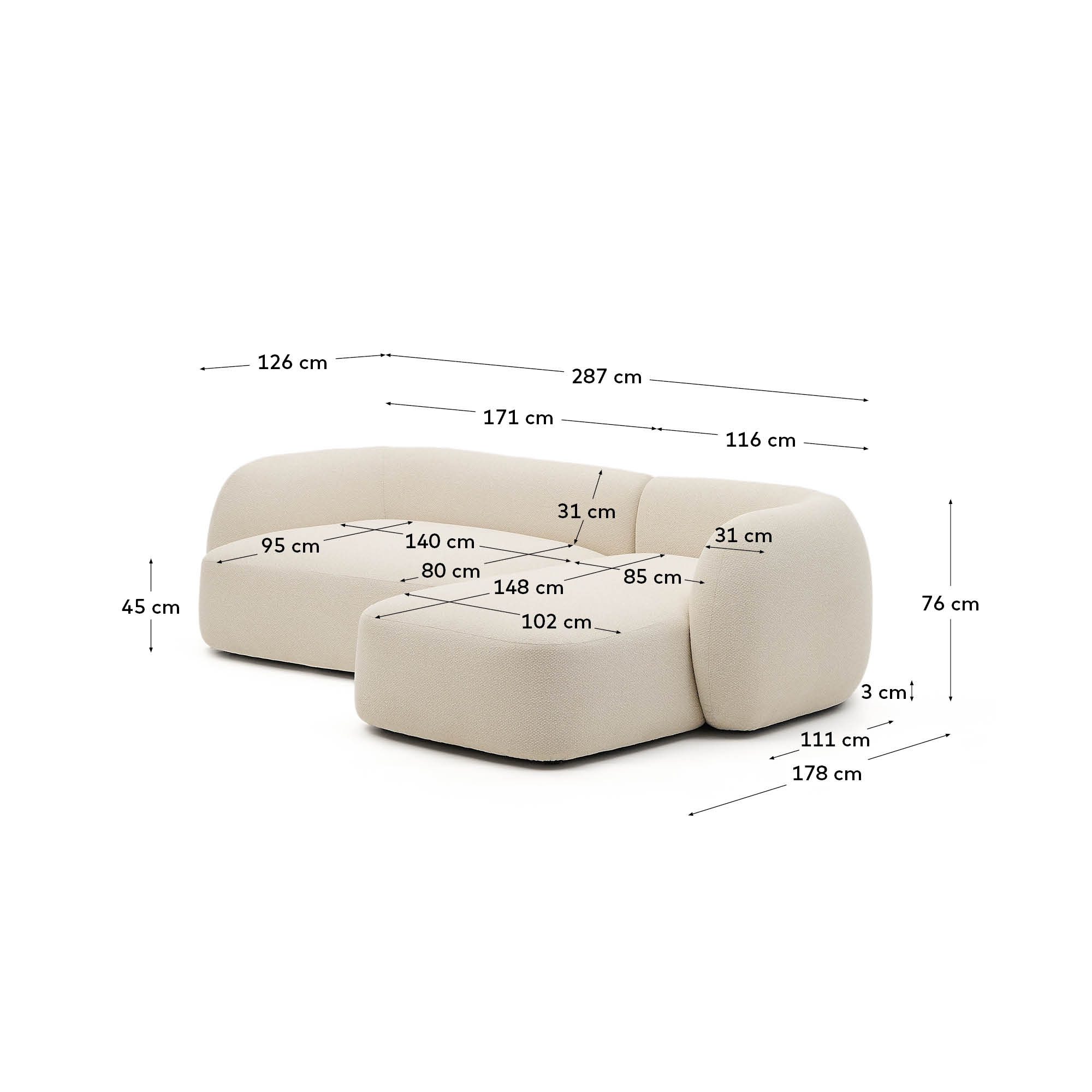 Erleben Sie das elegante Martina 3-Sitzer-Modularsofa in Ecru mit rechter Chaiselongue – perfekt für stilvolle Wohnräume, flexibel und gemütlich.