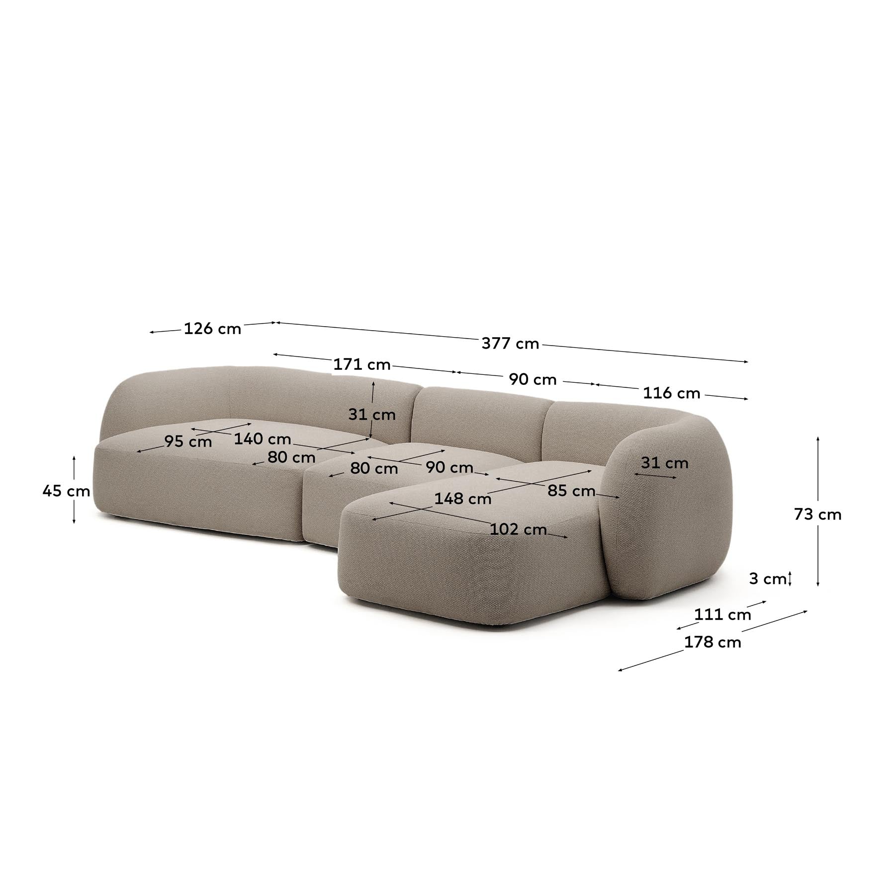 Schwer entflammbares 4-Sitzer-Modularsofa Martina mit Chenille und Chaiselongue rechts in Steinton 377 cm in Steinfarben präsentiert im Onlineshop von KAQTU Design AG. L-Sofa rechts ist von Kave Home