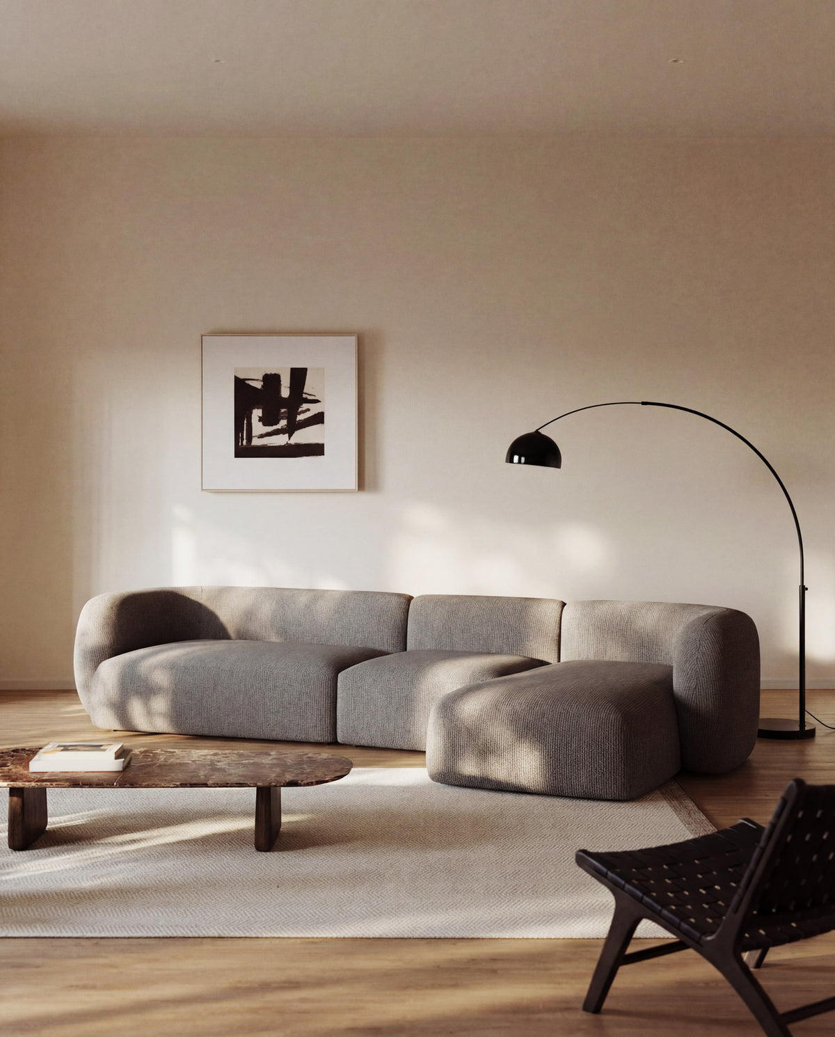 Schwer entflammbares 4-Sitzer-Modularsofa Martina mit Chenille und Chaiselongue rechts in Steinton 377 cm in Steinfarben präsentiert im Onlineshop von KAQTU Design AG. L-Sofa rechts ist von Kave Home