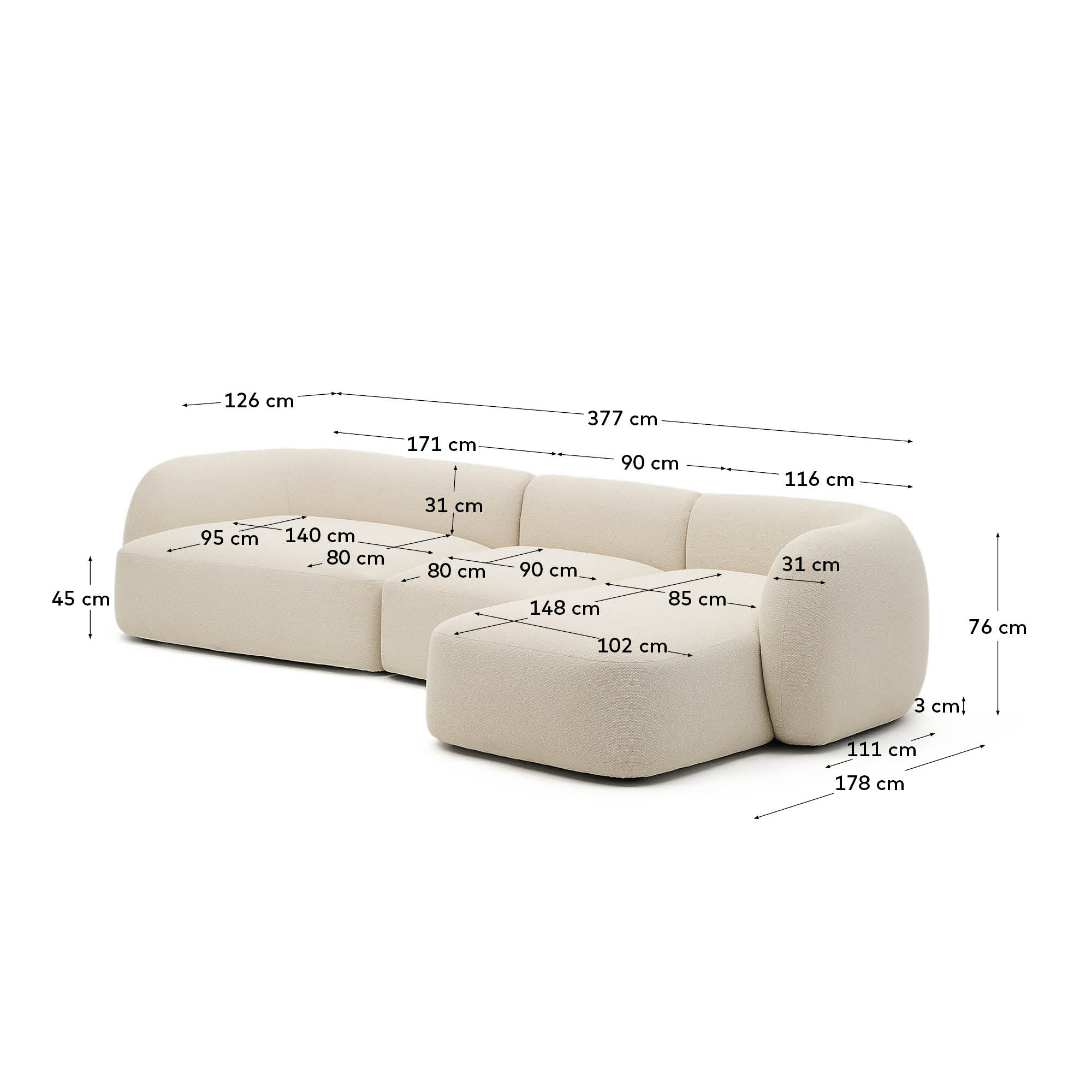 Erleben Sie das elegante 4-Sitzer-Modularsofa Martina in Ecru mit rechter Chaiselongue. Hochwertiges Chenille, modulares Design und erstklassiger Komfort für Ihr Wohnzimmer.