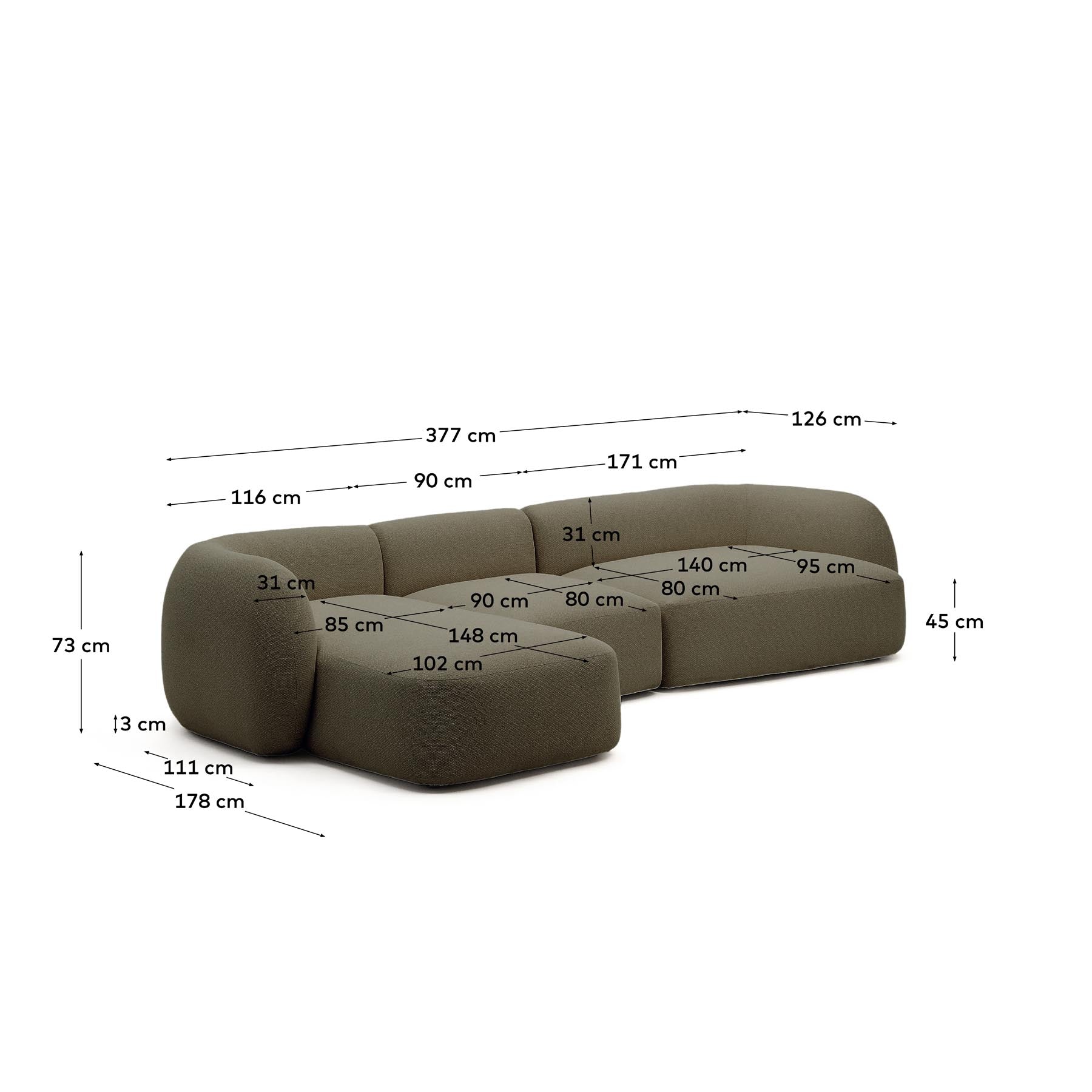 Schwer entflammbares 4-Sitzer-Modularsofa Martina mit Chenille und Chaiselongue links in Grün 377 cm in Grün präsentiert im Onlineshop von KAQTU Design AG. L-Sofa links ist von Kave Home