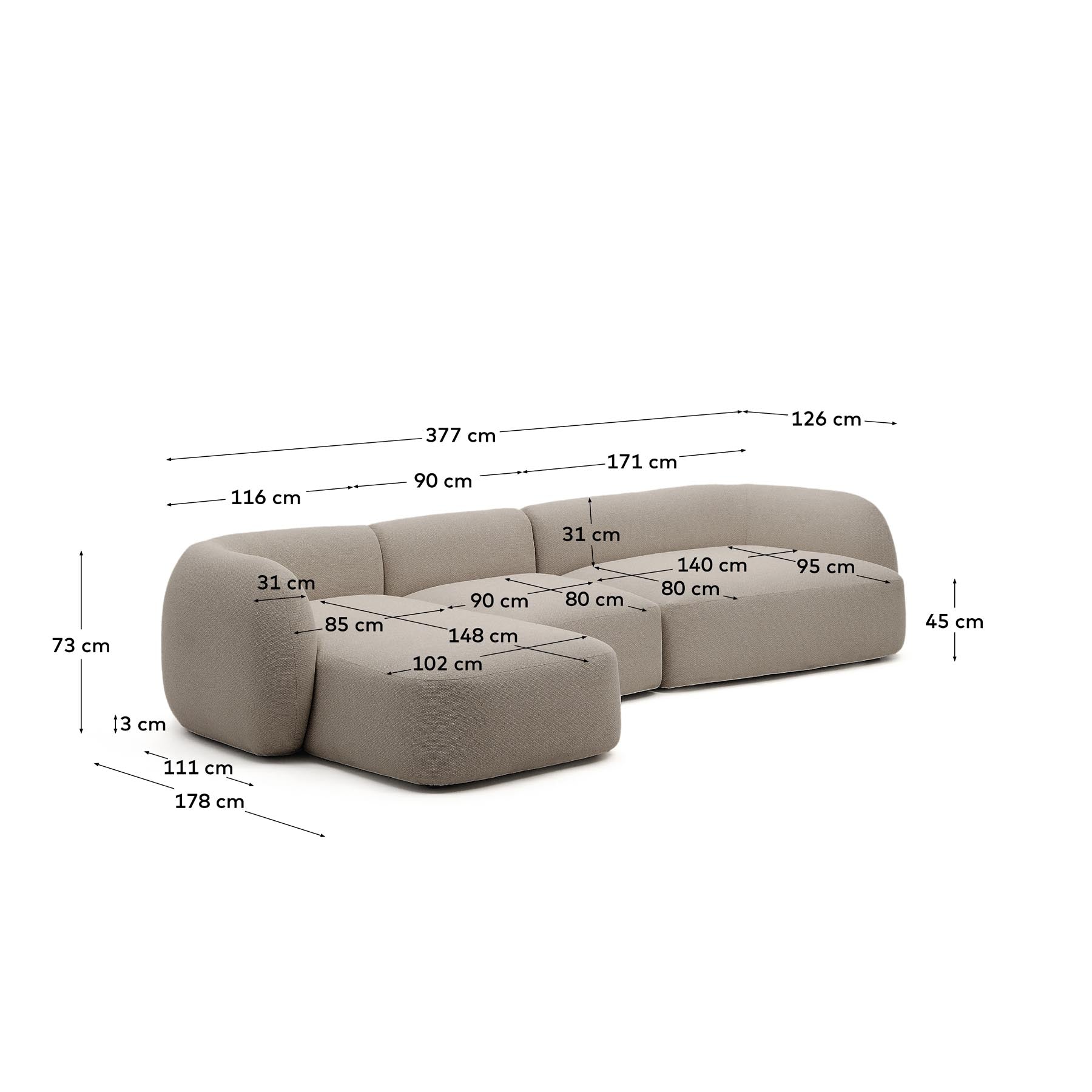 Schwer entflammbares 4-Sitzer-Modularsofa Martina mit Chenille und Chaiselongue links in Steinton 377 cm in Steinfarben präsentiert im Onlineshop von KAQTU Design AG. L-Sofa links ist von Kave Home