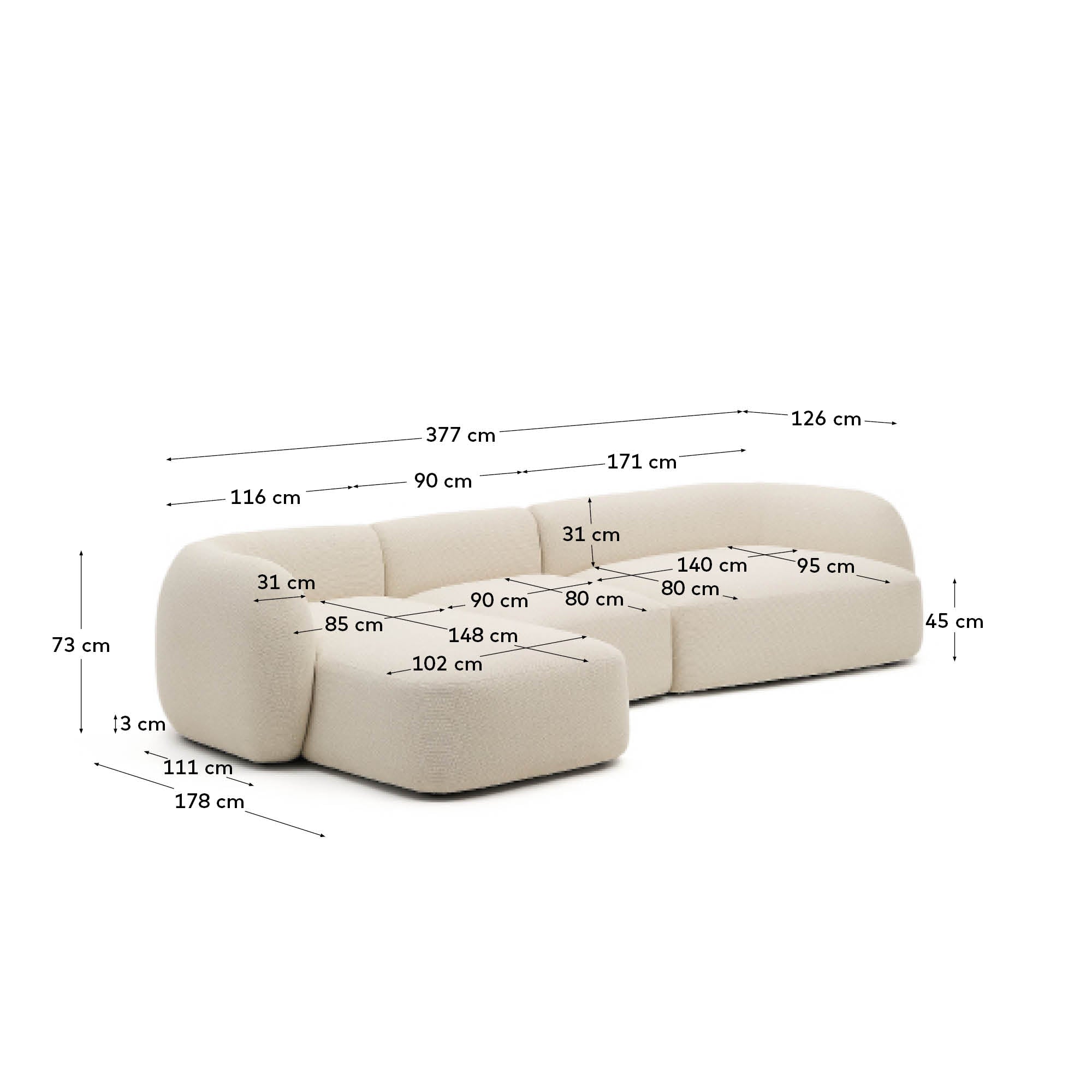 Schwer entflammbares 4-Sitzer-Modularsofa Martina mit Chenille und Chaiselongue links in Ecru 377 cm in Ecru präsentiert im Onlineshop von KAQTU Design AG. L-Sofa links ist von Kave Home