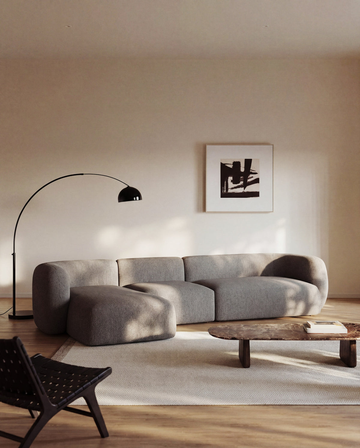 Schwer entflammbares 4-Sitzer-Modularsofa Martina mit Chenille und Chaiselongue links in Ecru 377 cm in Ecru präsentiert im Onlineshop von KAQTU Design AG. L-Sofa links ist von Kave Home