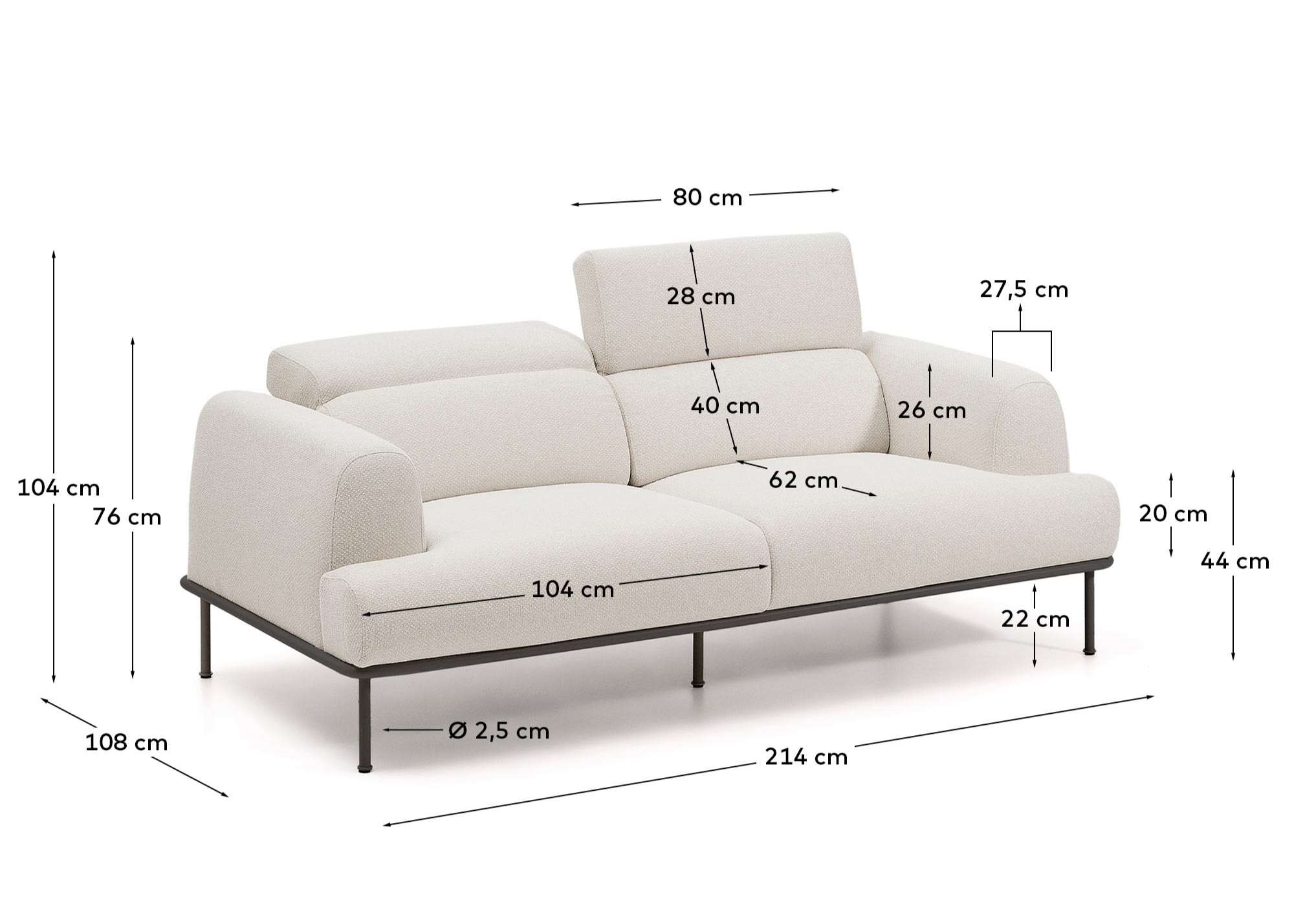 Entdecken Sie das stilvolle 2-Sitzer-Sofa Aurum von Kave Home, aus edler ecrufarbener Chenille mit verstellbarem Kopfteil und modernen mattgrauen Füßen.