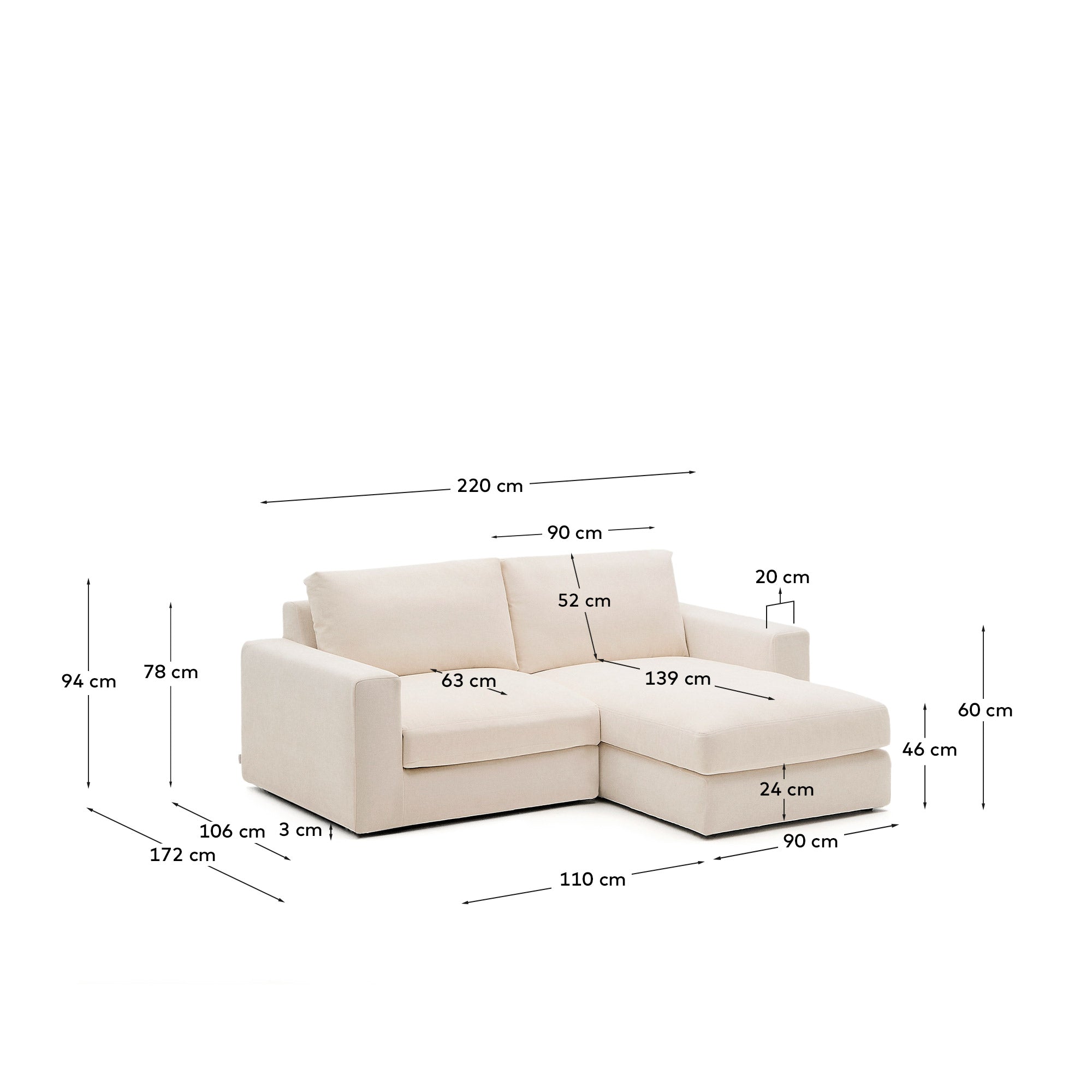 Modulares Sofa Alea für 3 Personen mit abnehmbarem Bezug aus Chenille mit Chaiselongue rechts in Beige, 220 cm in Beige präsentiert im Onlineshop von KAQTU Design AG. 3er Sofa ist von Kave Home