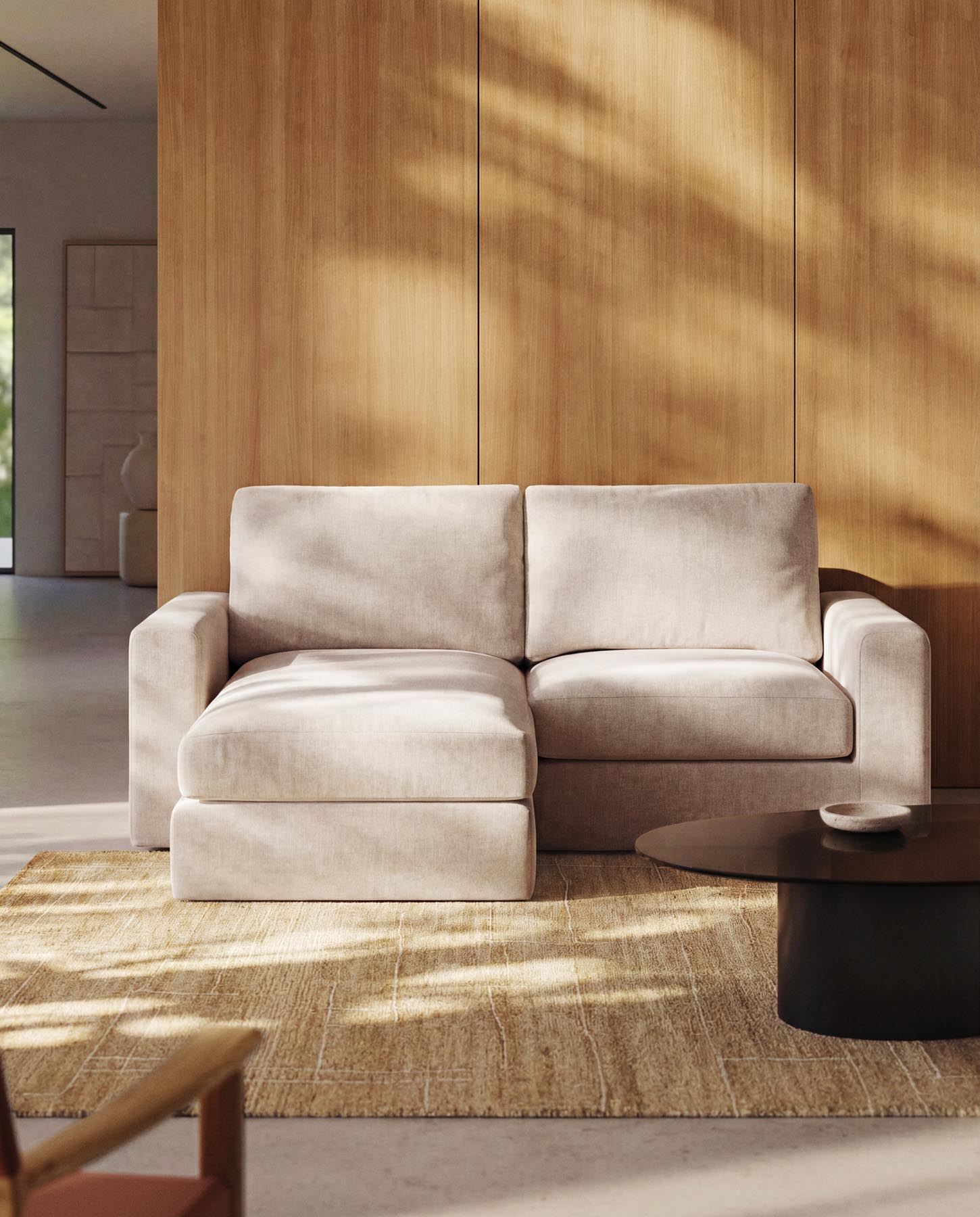 Modulares Sofa Alea für 3 Personen mit abnehmbarem Bezug aus Chenille mit Chaiselongue links in Beige, 220 cm in Beige präsentiert im Onlineshop von KAQTU Design AG. 3er Sofa ist von Kave Home