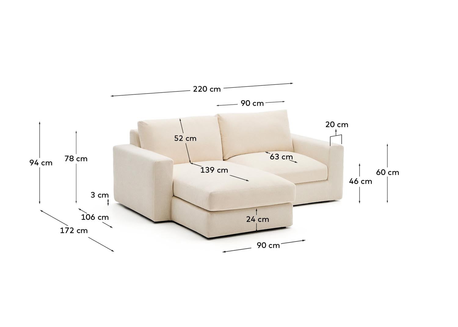 Entdecken Sie das modulare Sofa Alea für 3 Personen mit Chaiselongue links. Der hochwertige Chenillebezug ist abnehmbar und pflegeleicht, perfekt für stilvolle Wohnräume.