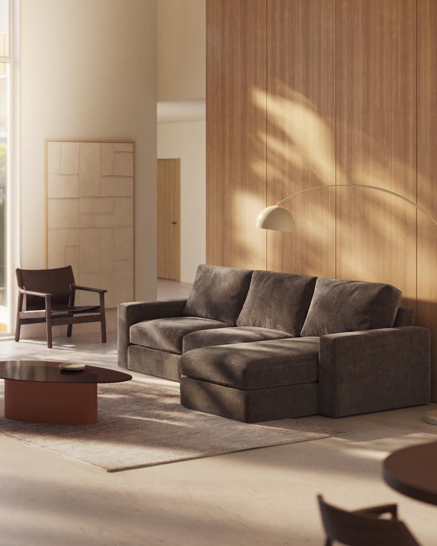 Modulares Sofa Alea für 4 Personen mit abnehmbarem Bezug aus Chenille mit Chaiselongue rechts in Dunkelbraun, 310 cm in Dunkelbraun präsentiert im Onlineshop von KAQTU Design AG. 3er Sofa ist von Kave Home