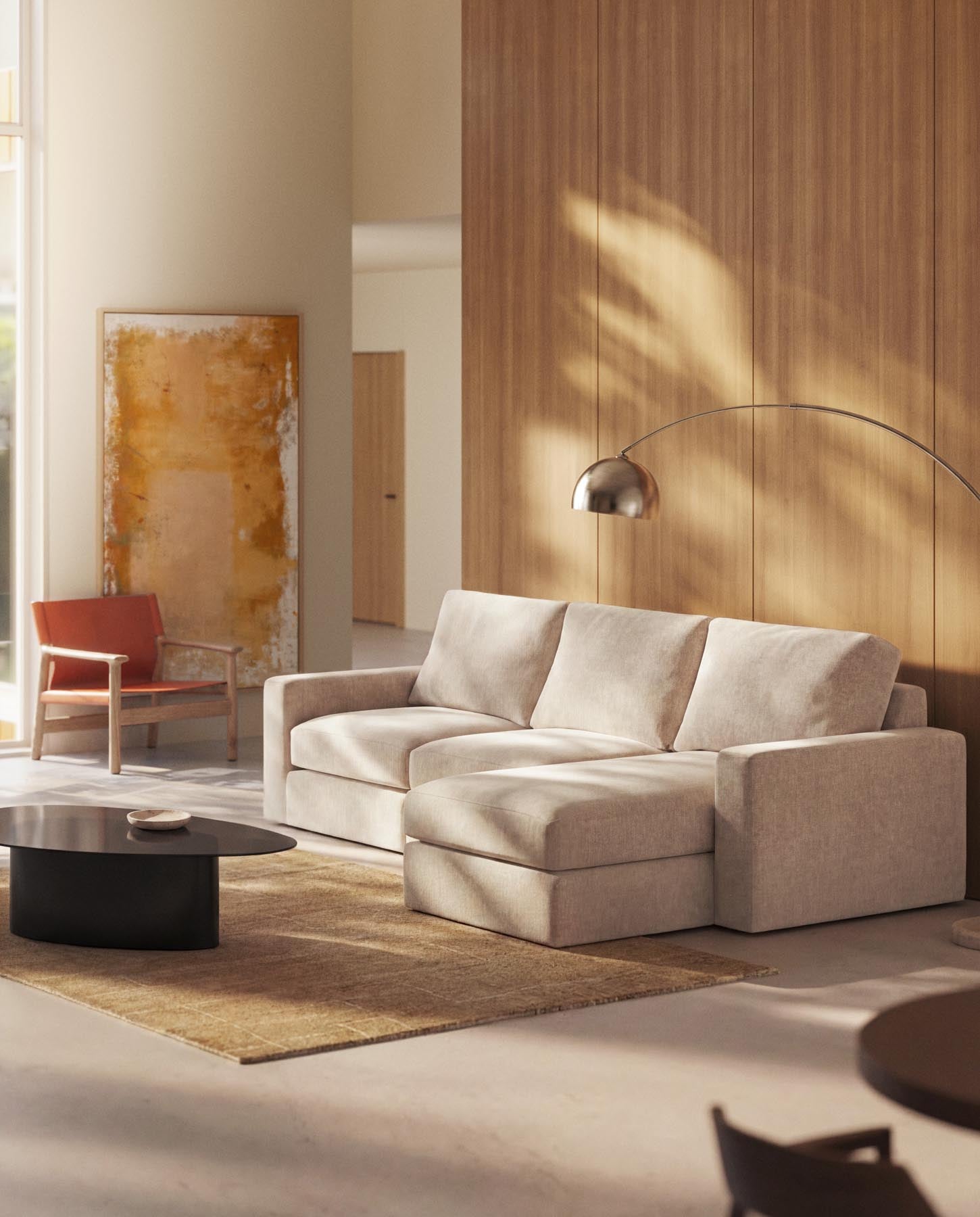 Modulares Sofa Alea für 4 Personen mit abnehmbarem Bezug aus Chenille mit Chaiselongue rechts in Beige, 310 cm in Beige präsentiert im Onlineshop von KAQTU Design AG. 3er Sofa ist von Kave Home