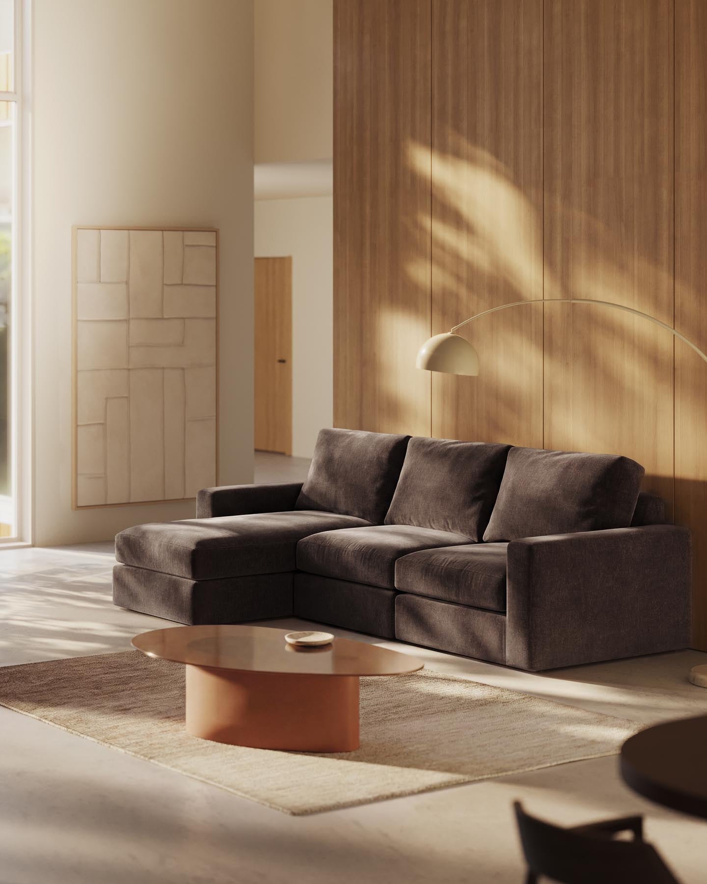 Modulares Sofa Alea für 4 Personen mit abnehmbarem Bezug aus Chenille mit Chaiselongue links in Dunkelbraun, 310 cm in Dunkelbraun präsentiert im Onlineshop von KAQTU Design AG. 3er Sofa ist von Kave Home