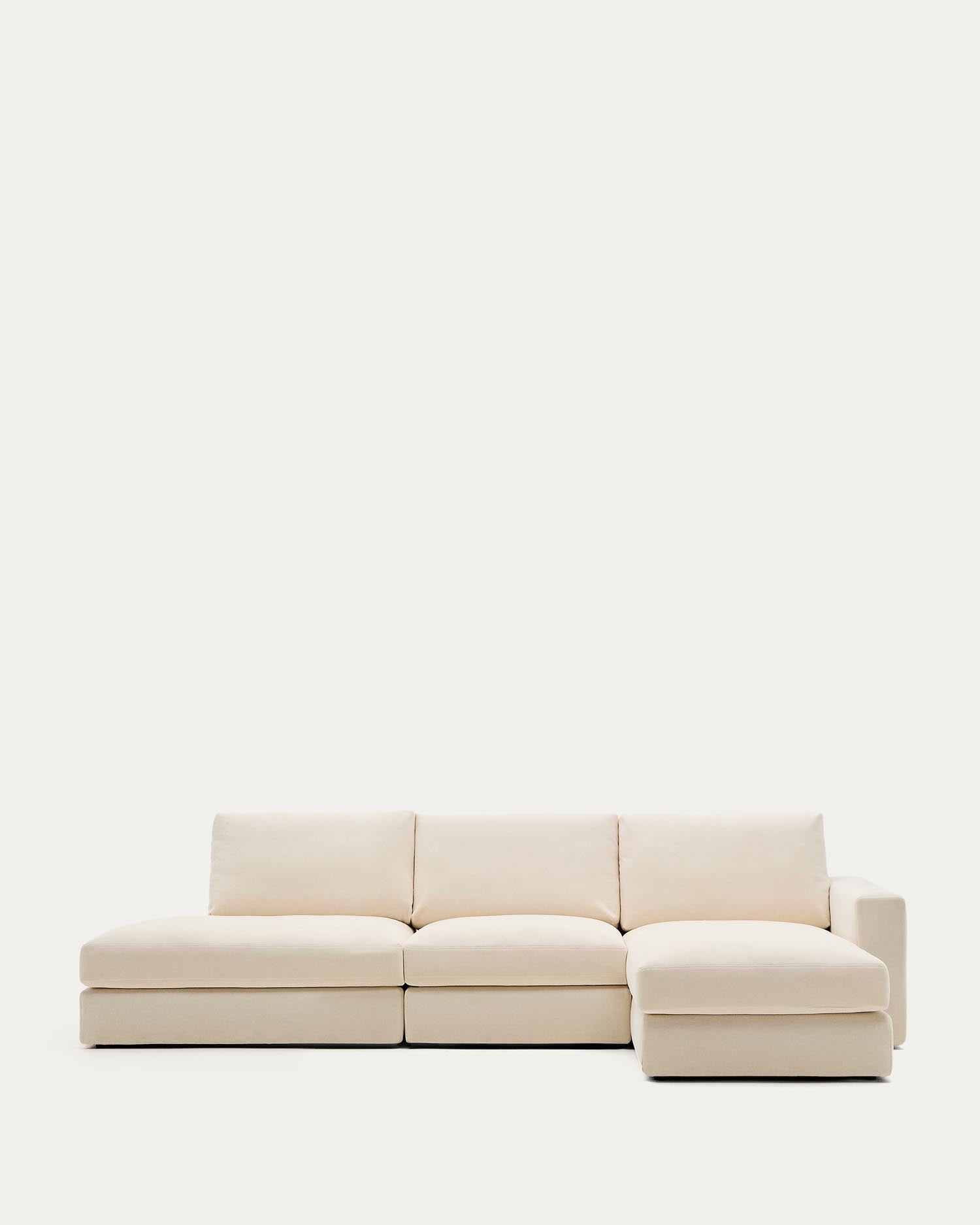 Modulares Sofa Alea für 5 Personen mit abnehmbarem Bezug aus Chenille mit Chaiselongue rechts in Ecru, 340 cm in Ecru präsentiert im Onlineshop von KAQTU Design AG. 5er Sofa ist von Kave Home