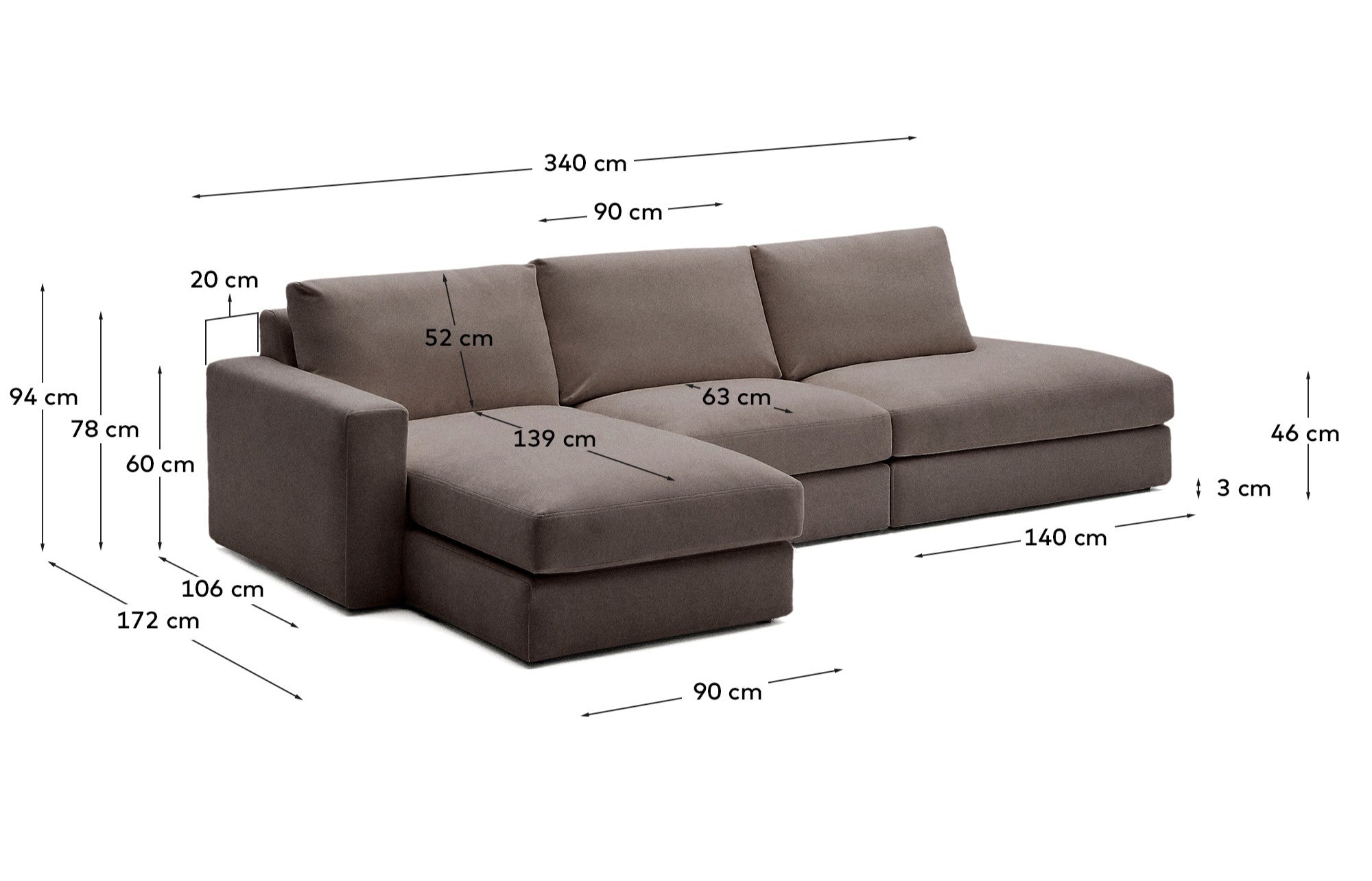 Modulares Sofa Alea für 5 Personen mit abnehmbarem Bezug aus dunkelbrauner Chenille und Chaiselongue links, 340 cm in Dunkelbraun präsentiert im Onlineshop von KAQTU Design AG. 5er Sofa ist von Kave Home