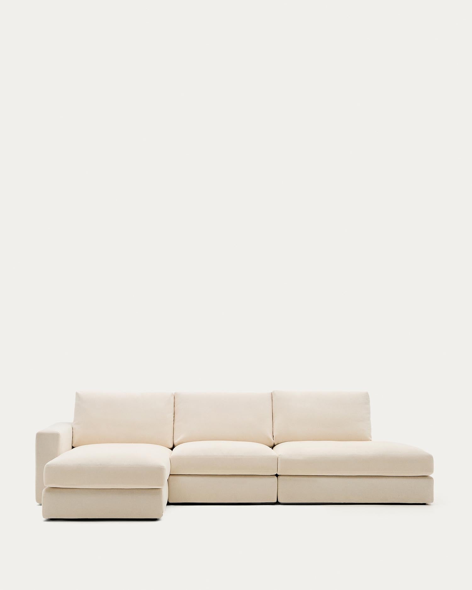 Modulares Sofa Alea für 5 Personen mit abnehmbarem Bezug aus Chenille mit Chaiselongue links in Ecru, 340 cm in Ecru präsentiert im Onlineshop von KAQTU Design AG. 5er Sofa ist von Kave Home
