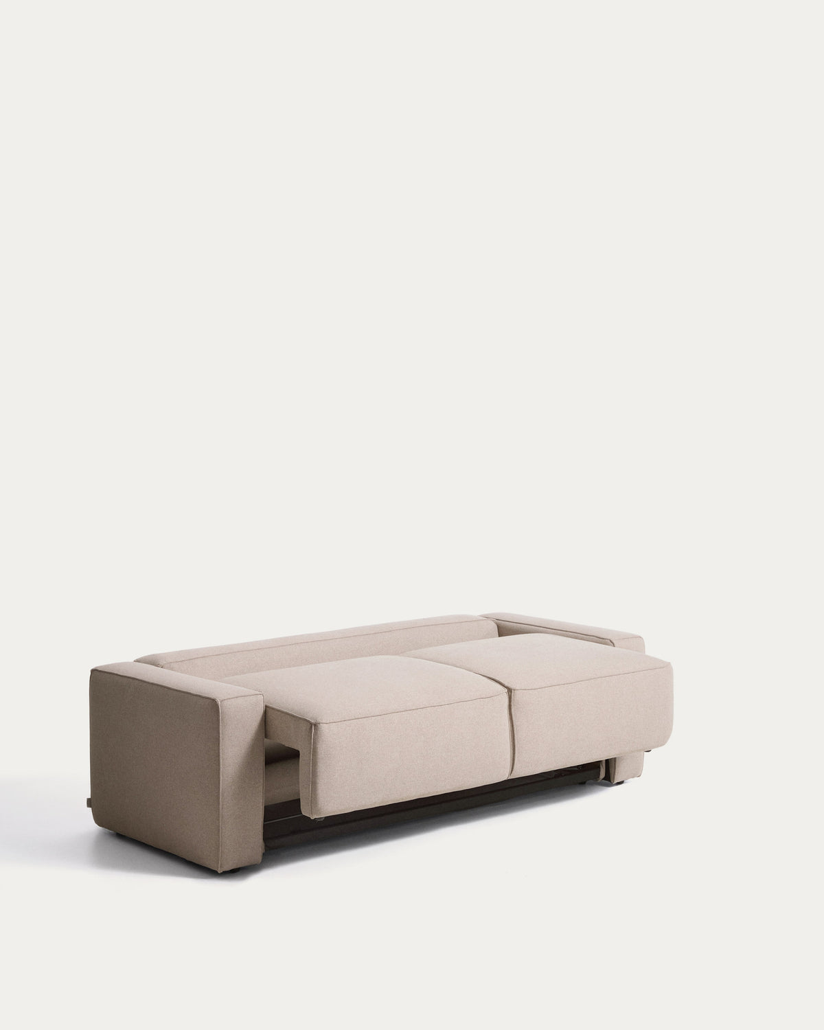 Beiges 3-Sitzer-Bettsofa Marela mit Stoffbezug, Armlehnen und schwarzen Beinen