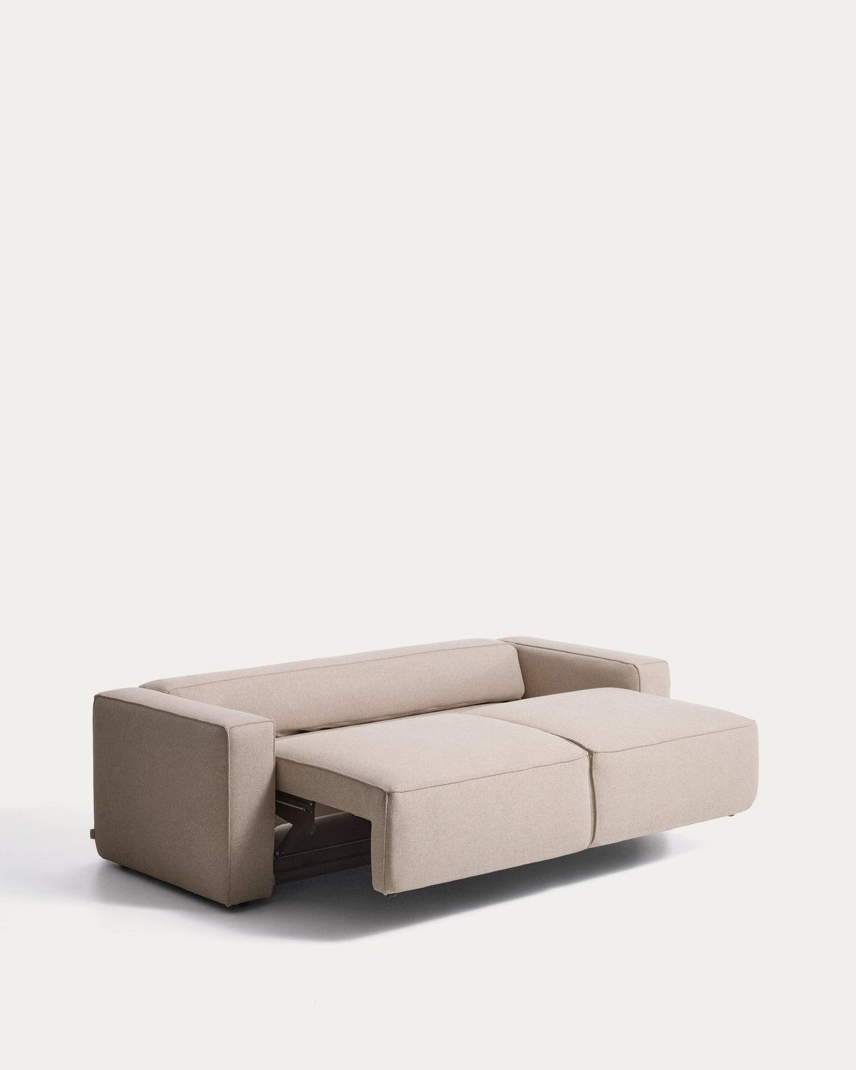 Beiges 3-Sitzer-Bettsofa Marela mit Stoffbezug, Armlehnen und schwarzen Beinen