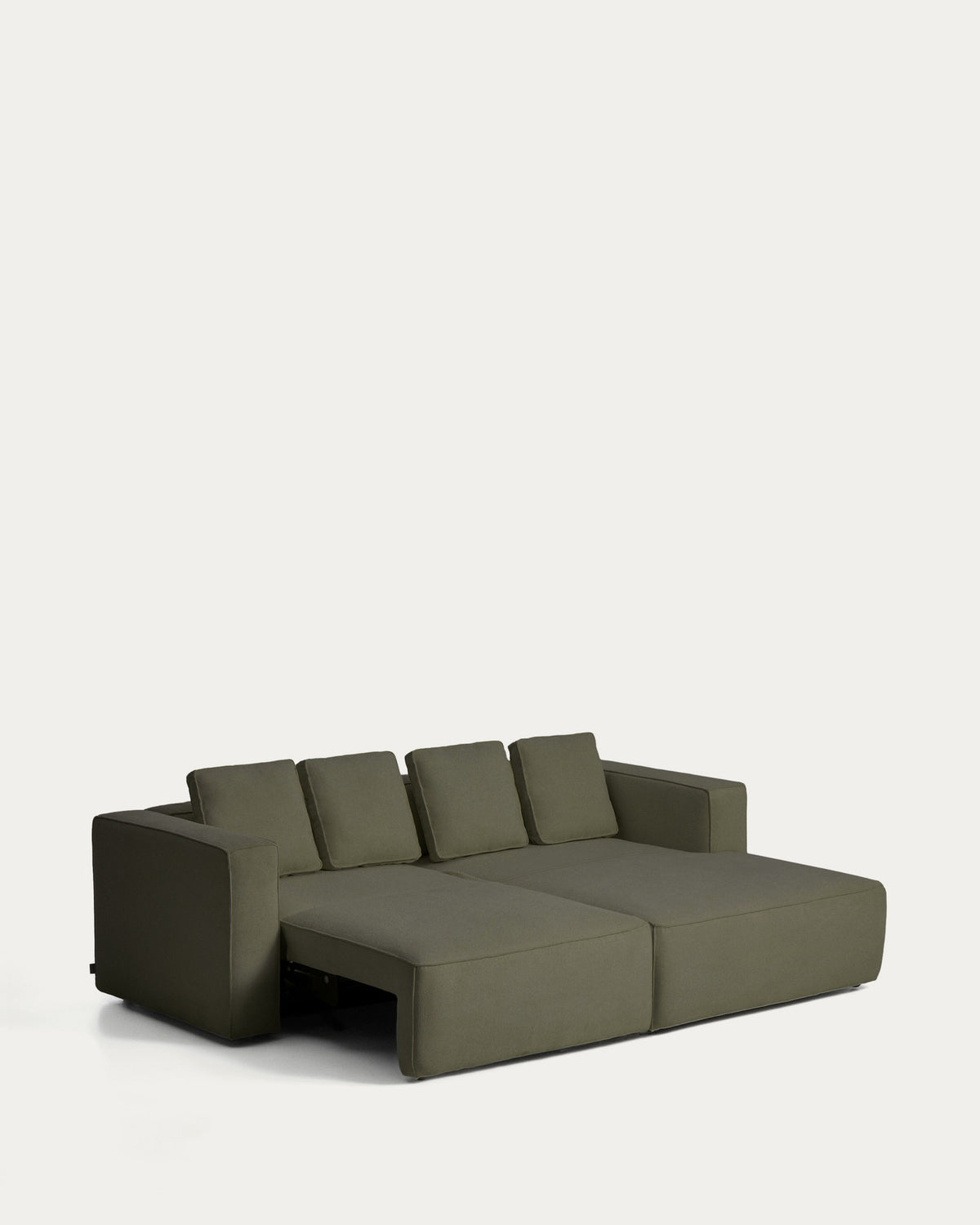 Dunkelgrünes Bettsofa Marela mit Chaiselongue rechts, Stoffbezug, Armlehnen, schwarze Beine