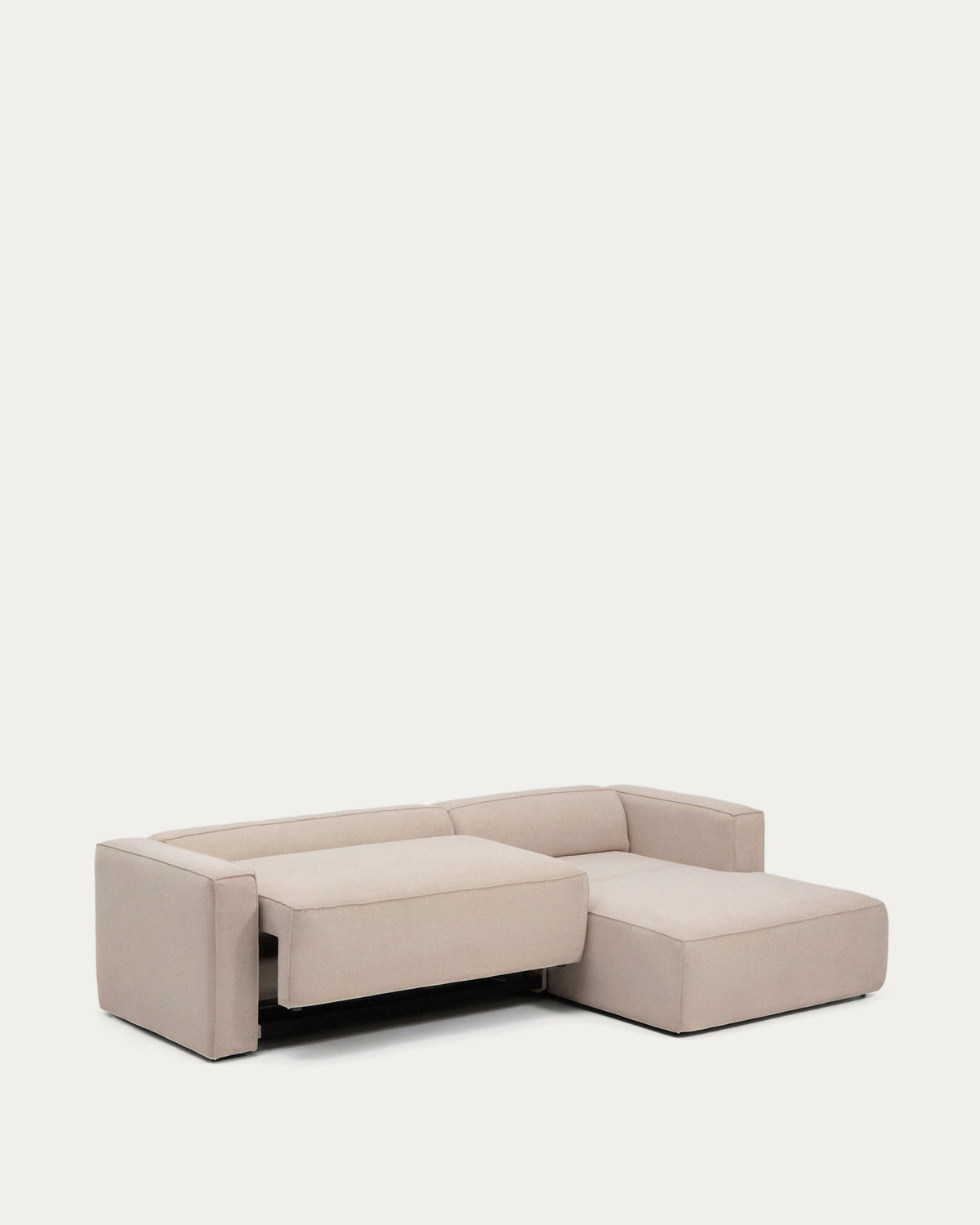 Beiges 4-Sitzer-Bettsofa Marela mit Chaiselongue rechts, Gewebebezug und schwarzen Beinen
