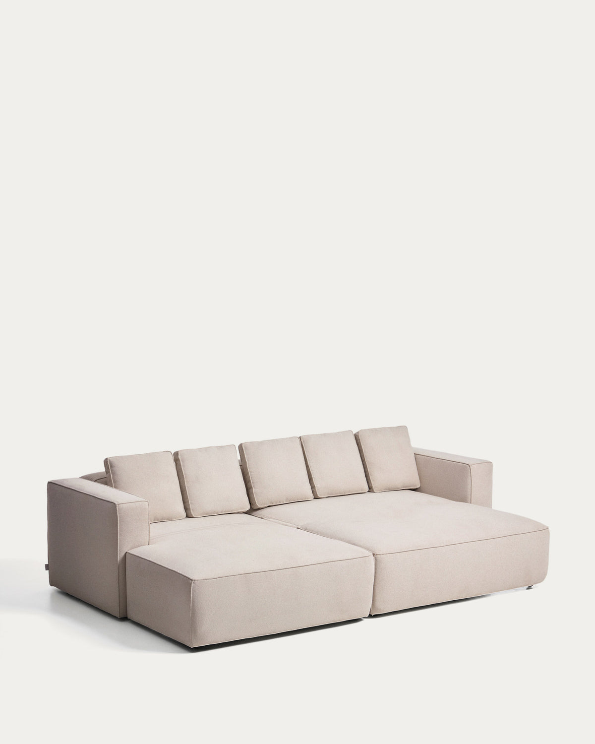 Beiges Bettsofa Marela mit Chaiselongue links, Gewebebezug und schwarzen Beinen