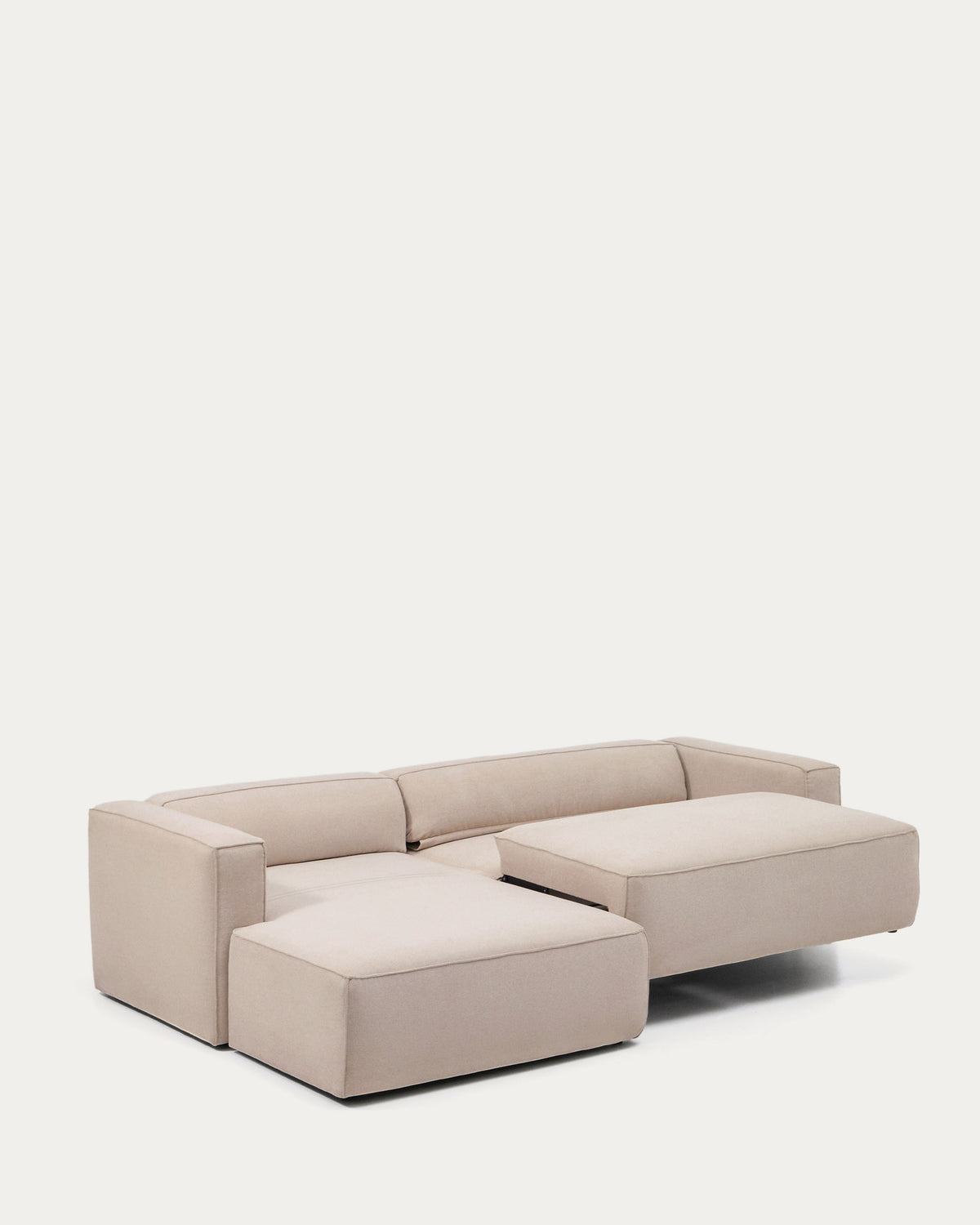 Beiges Bettsofa Marela mit Chaiselongue links, Gewebebezug und schwarzen Beinen