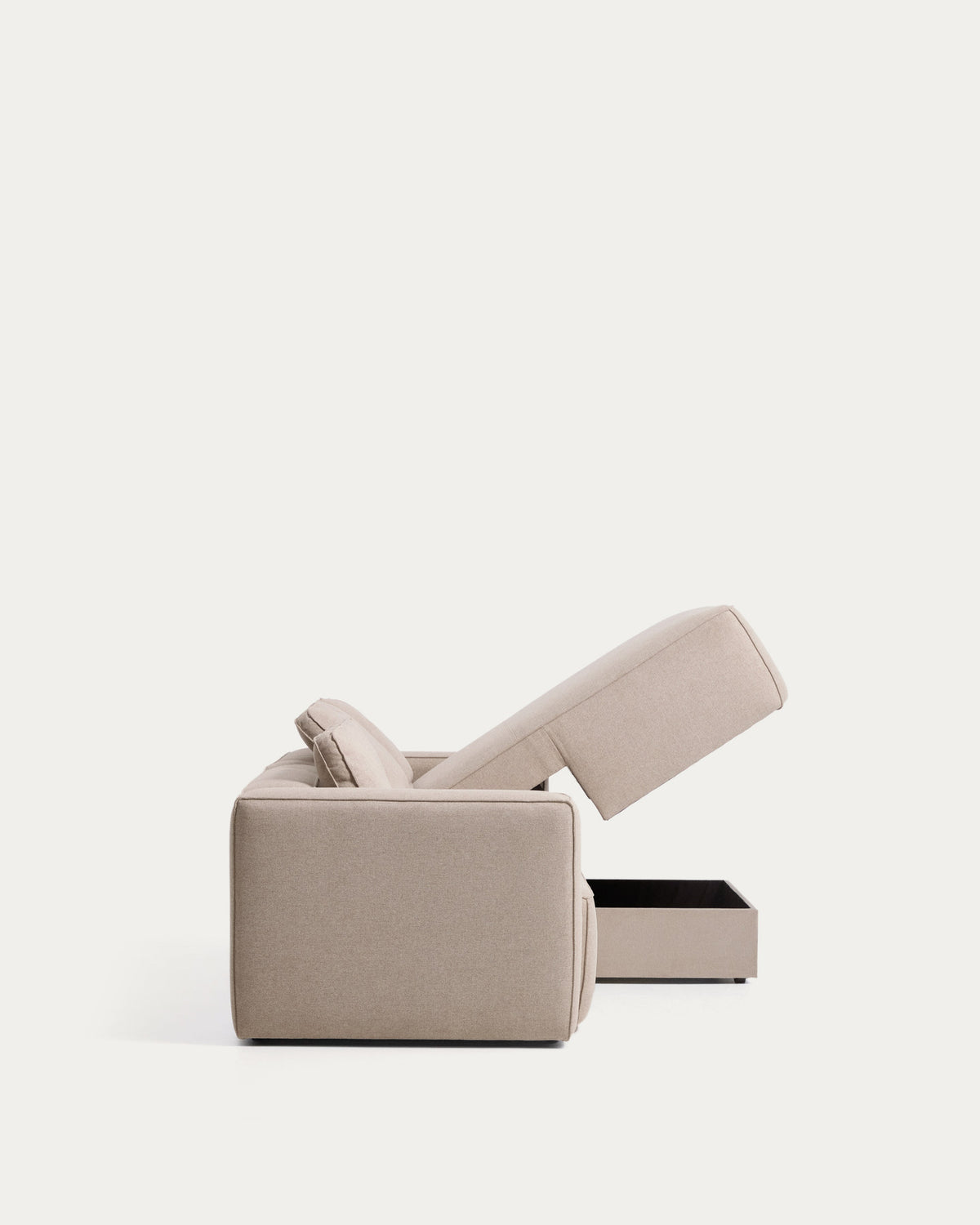 Beiges 3-Sitzer-Bettsofa Marela mit Chaiselongue rechts, Stoffbezug und schwarzen Beinen