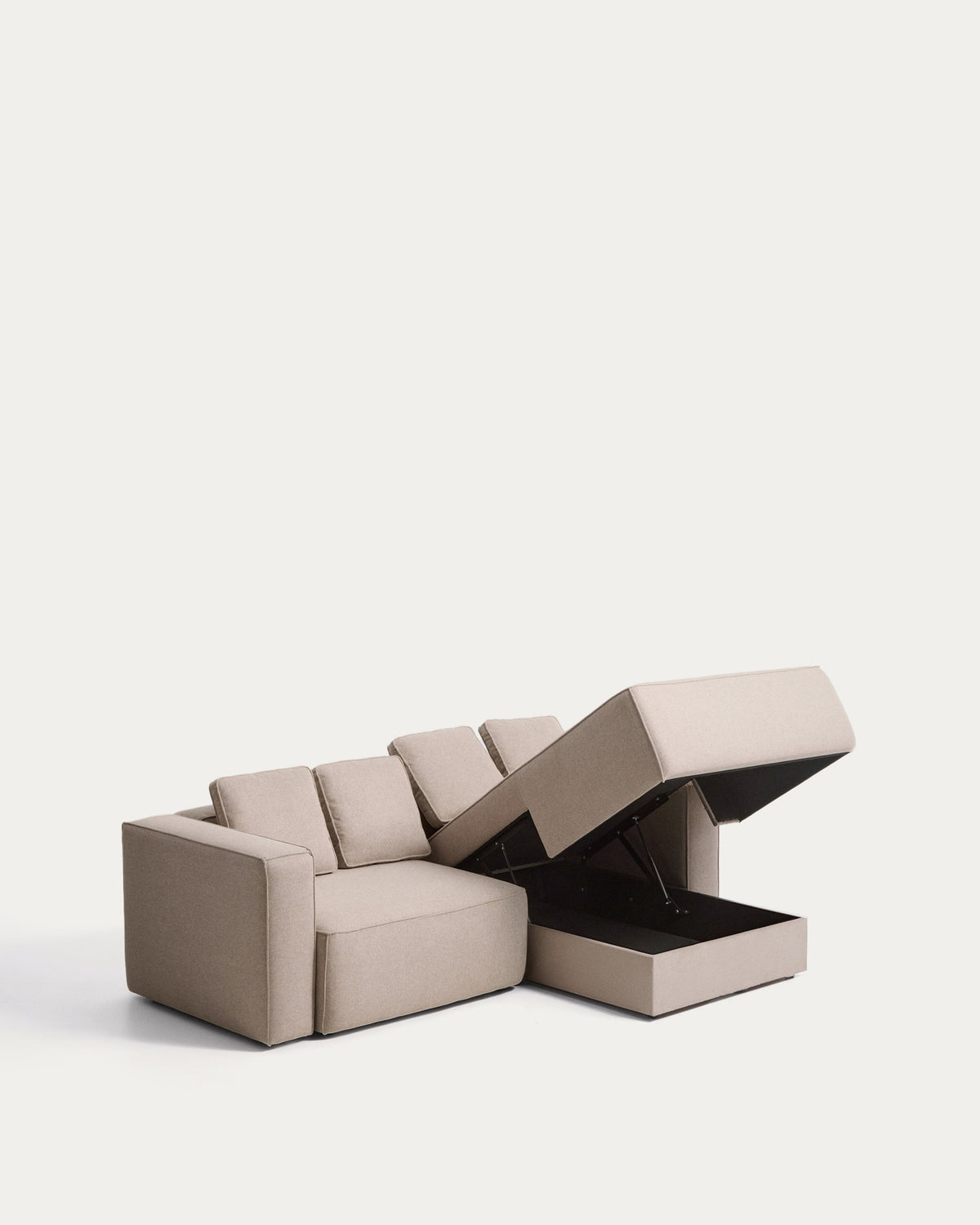 Beiges 3-Sitzer-Bettsofa Marela mit Chaiselongue rechts, Stoffbezug und schwarzen Beinen
