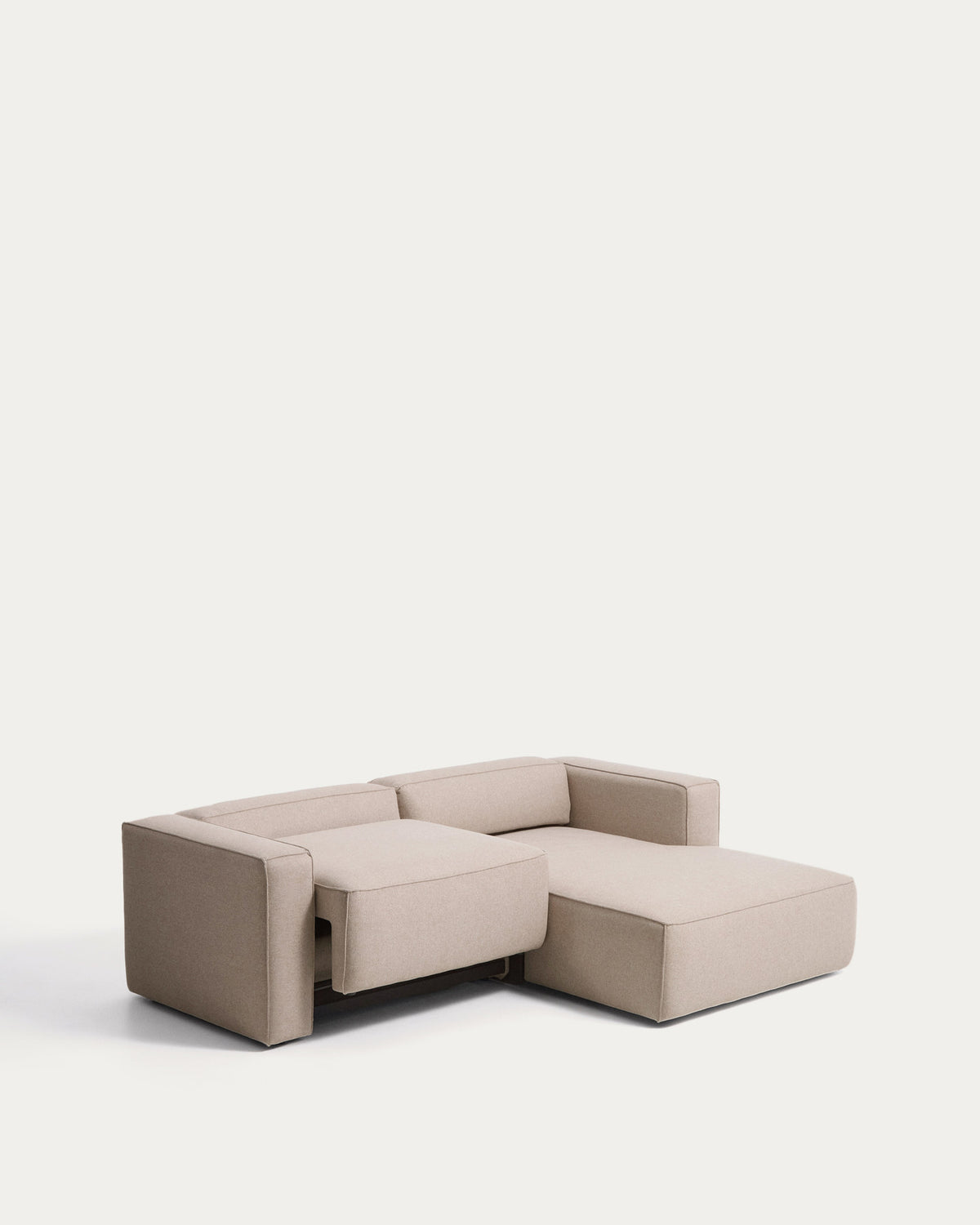 Beiges 3-Sitzer-Bettsofa Marela mit Chaiselongue rechts, Stoffbezug und schwarzen Beinen