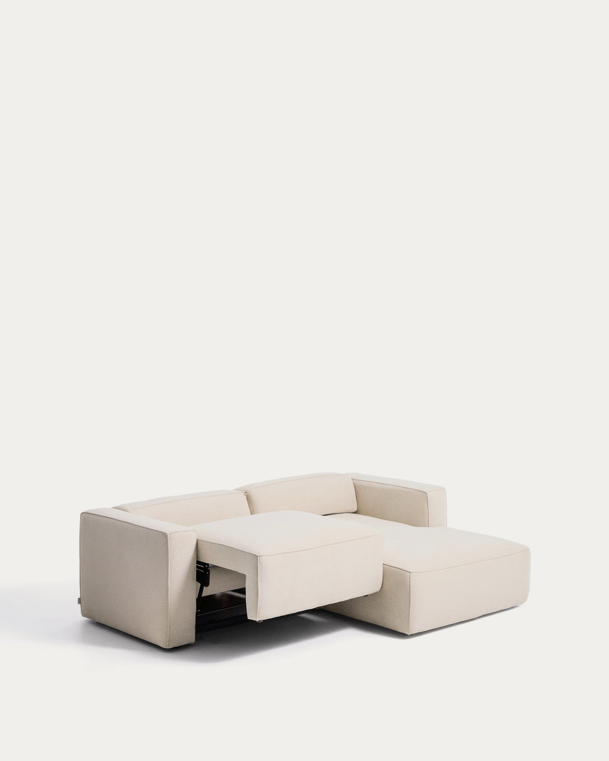 Ecrufarbenes 3-Sitzer-Bettsofa Marela aus Chenille mit Chaiselongue rechts und schwarzen Beinen