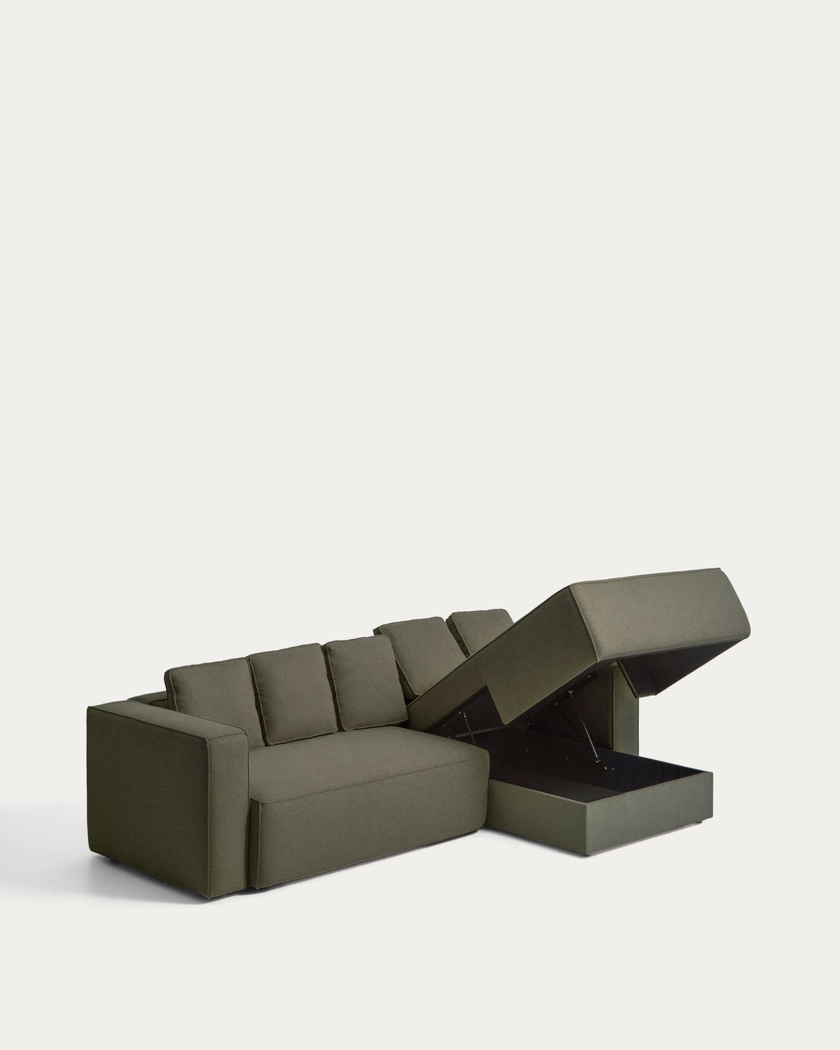 Dunkelgrünes Bettsofa Marela mit Strukturbezug, Armlehnen und Chaiselongue rechts