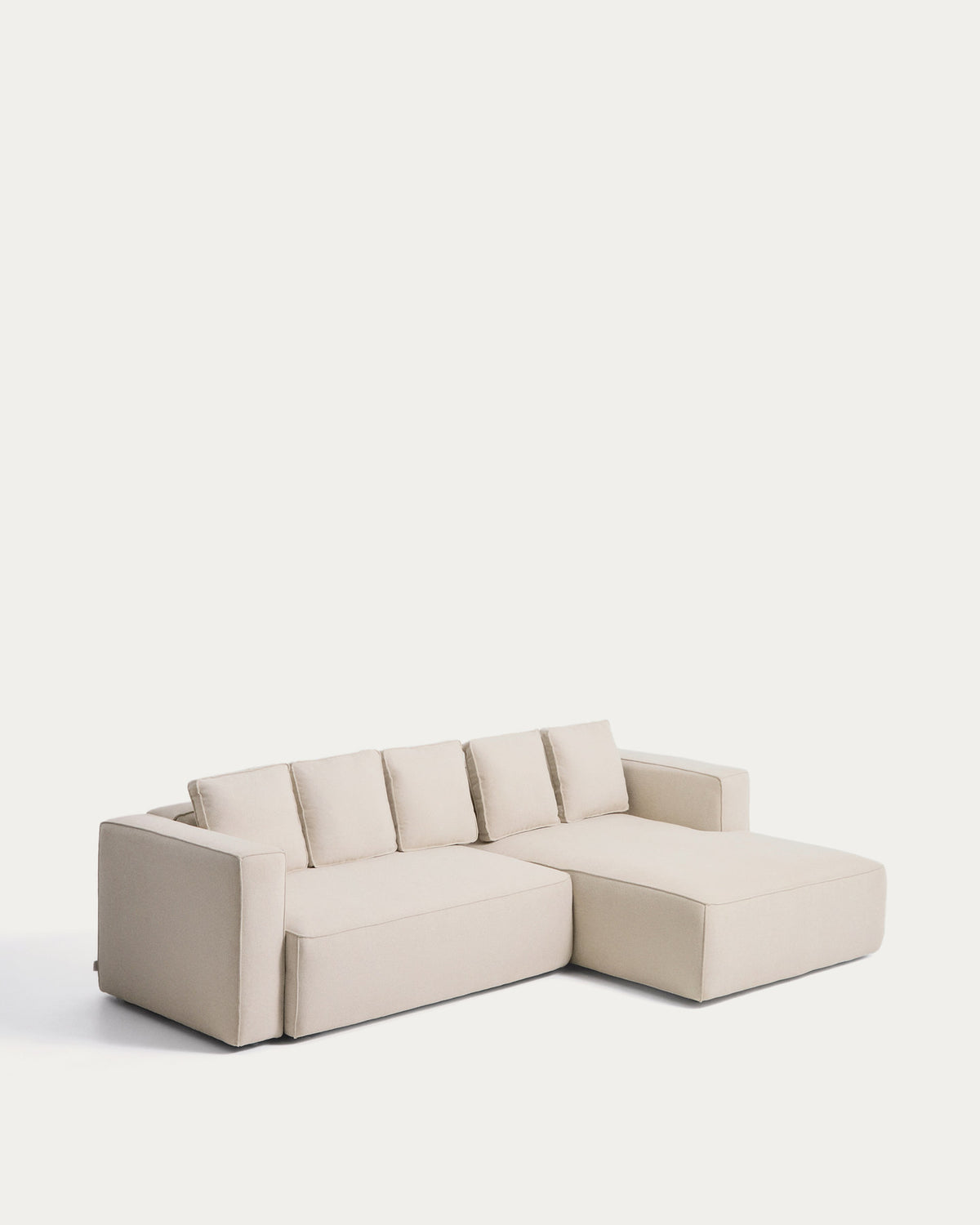 Beiges Bettsofa Marela mit Chaiselongue rechts, Chenillebezug in Ecru, schwarze Beine