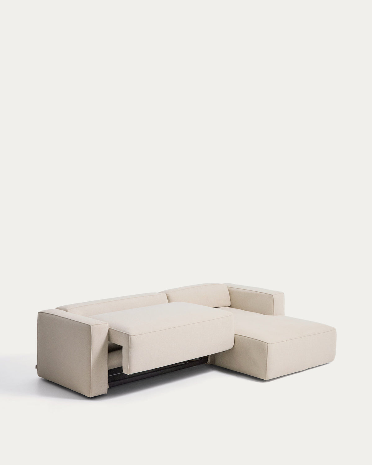 Beiges Bettsofa Marela mit Chaiselongue rechts, Chenillebezug in Ecru, schwarze Beine