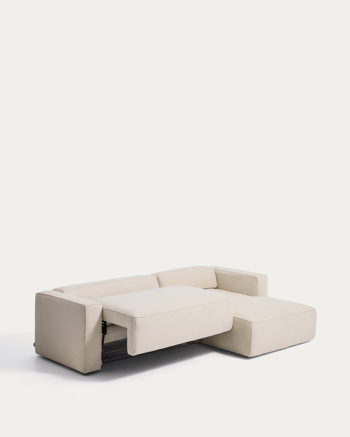 Beiges Bettsofa Marela mit Chaiselongue rechts, Chenillebezug in Ecru, schwarze Beine
