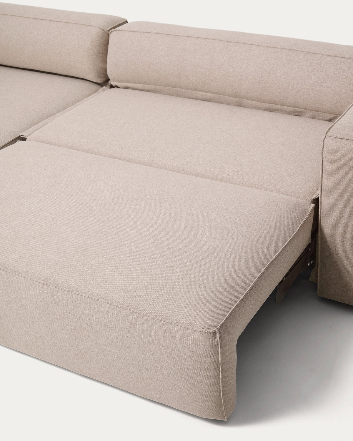 Beiges 4-Sitzer-Bettsofa Marela mit Chaiselongue links, Gewebebezug und schwarzen Beinen