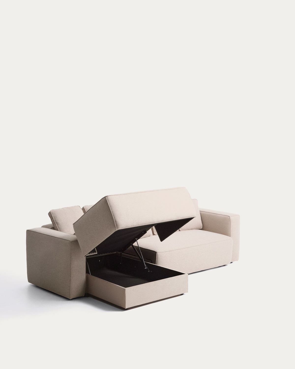 Beiges 4-Sitzer-Bettsofa Marela mit Chaiselongue links, Gewebebezug und schwarzen Beinen