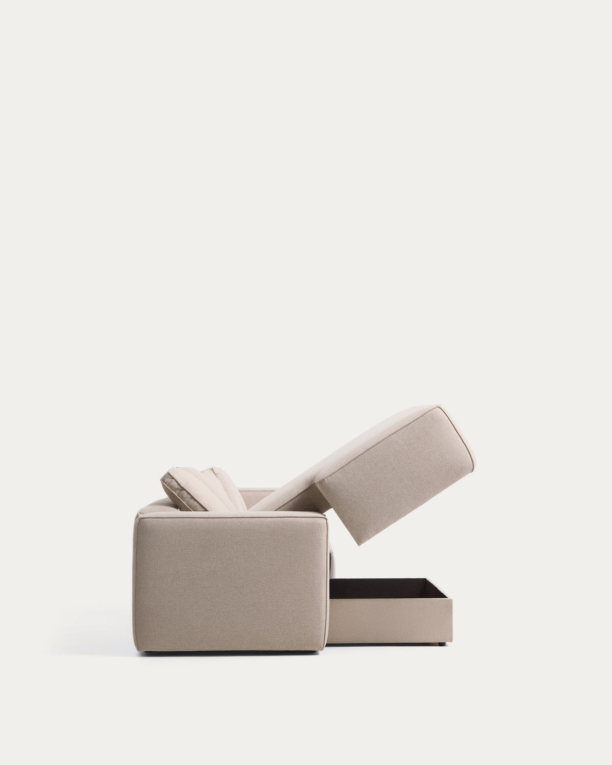 Beiges 4-Sitzer-Bettsofa Marela mit Chaiselongue links, Gewebebezug und schwarzen Beinen