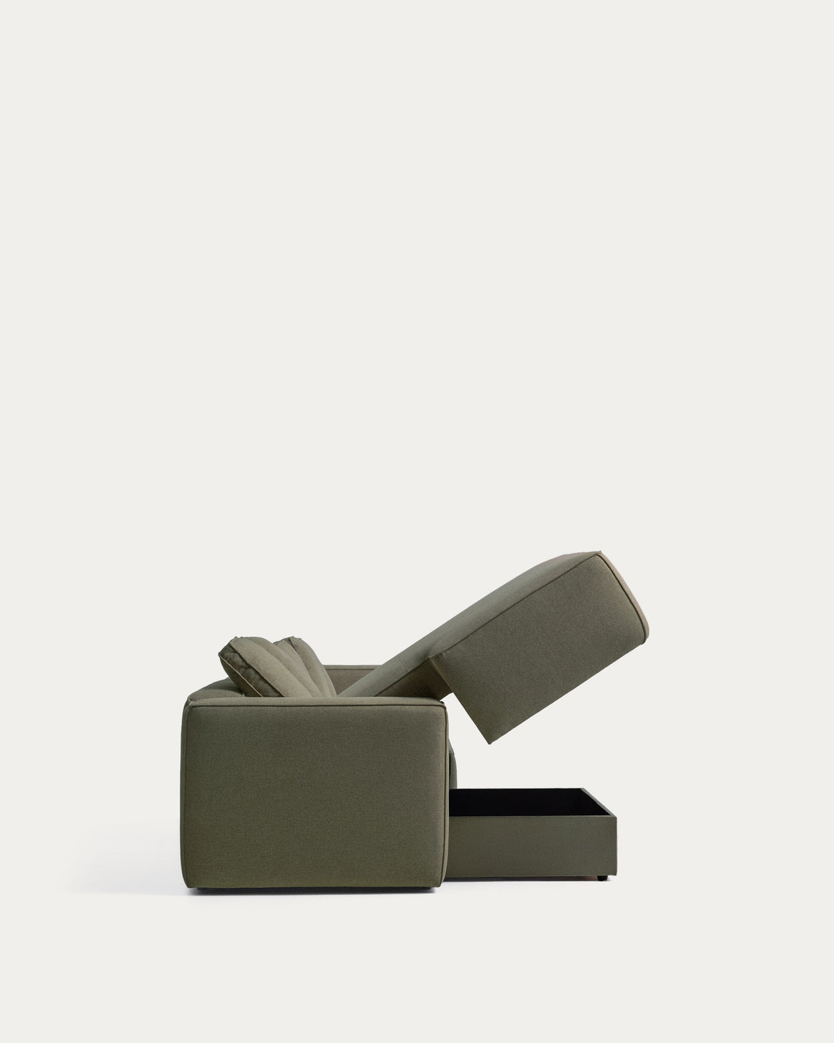 Dunkelgrünes Bettsofa Marela mit Chaiselongue links, Stoffbezug und schwarzen Beinen
