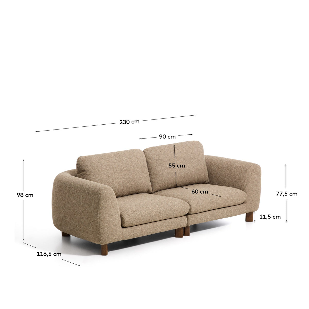 3-Sitzer Sofa Vera in Hellbraun mit gepolsterten Armlehnen, Taschenfederkern und Beinen aus massivem Eschenholz mit Nussbaum-Finish.
