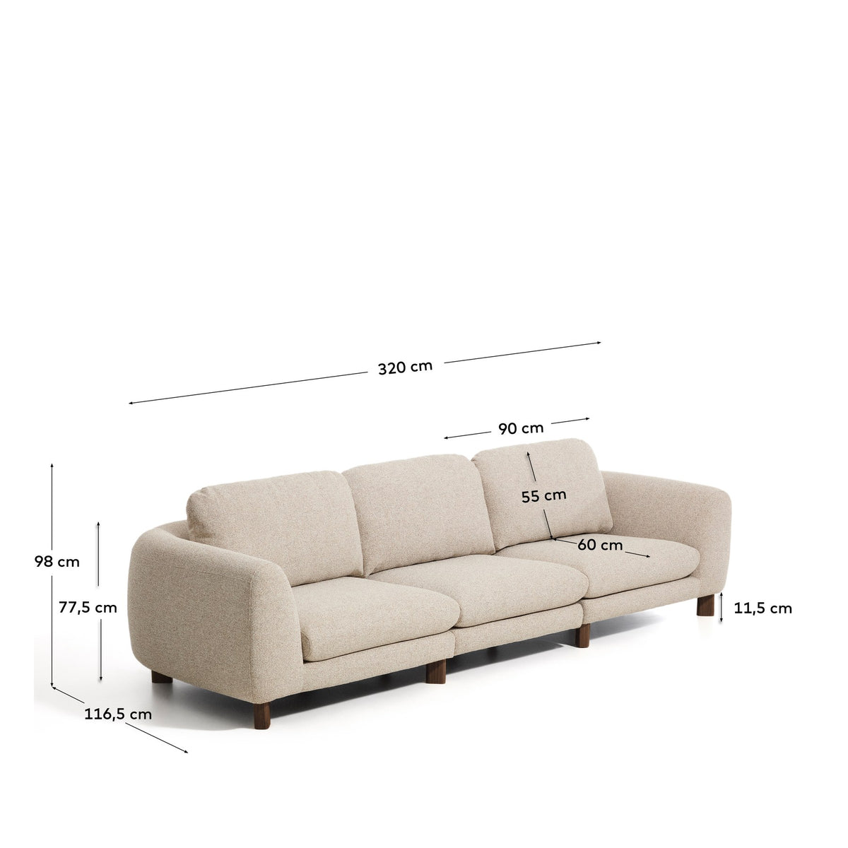 4-Sitzer Sofa Vera von Kave Home in Beige mit gepolstertem Gewebebezug und Beinen aus massivem Eschenholz mit Nussbaum-Finish, Breite 320 cm.