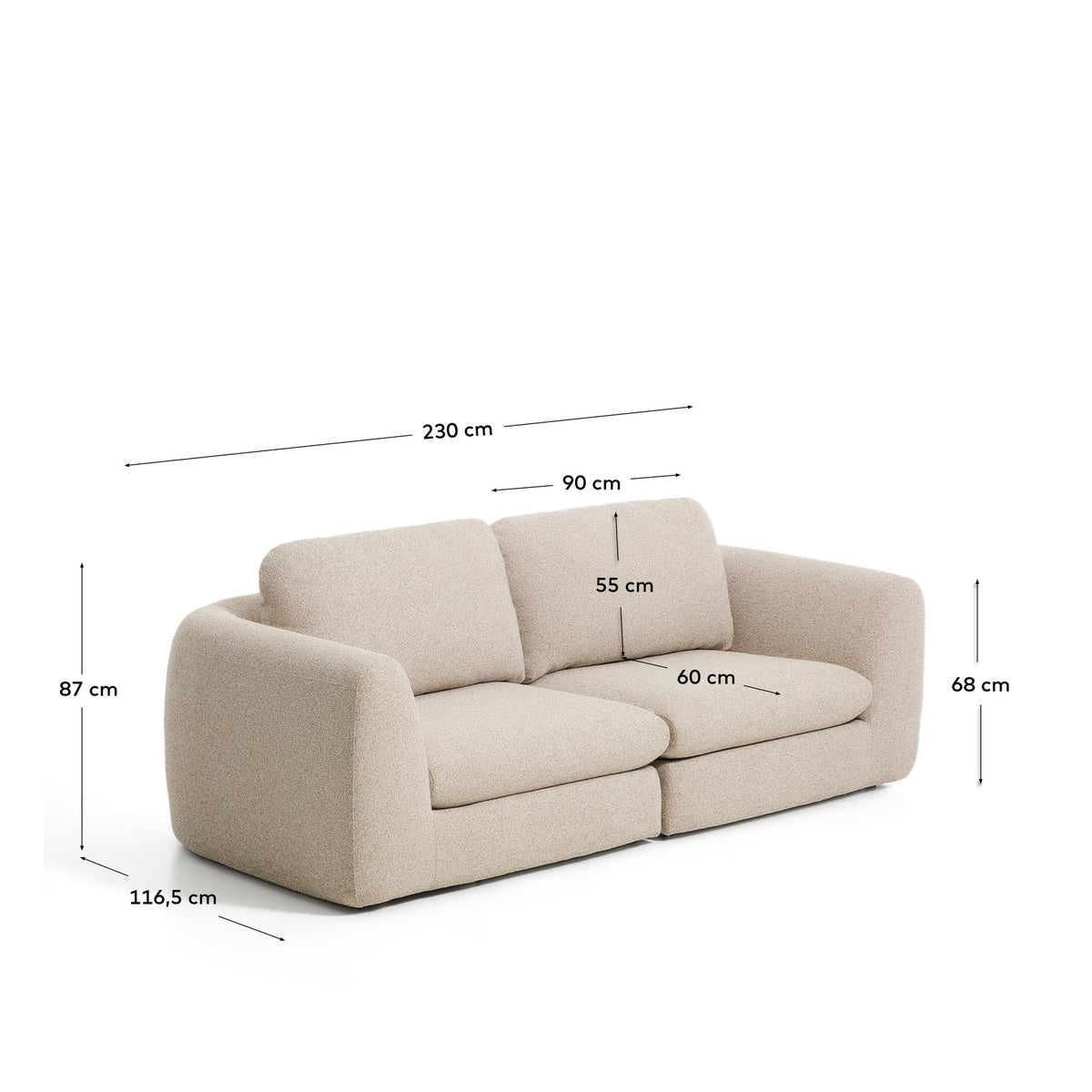 3-Sitzer Sofa Vera in Beige von Kave Home mit texturierter Stoffpolsterung, abgerundeten Armlehnen und niedrigem Holzgestell, 230 cm breit.