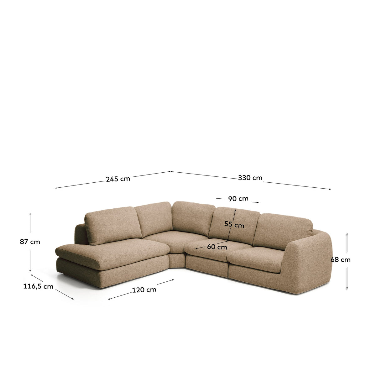5-Sitzer Ecksofa Vera in Hellbraun mit Randmodul links, Gewebebezug, abgerundeten Armlehnen und niedrigem Holzgestell von Kave Home.