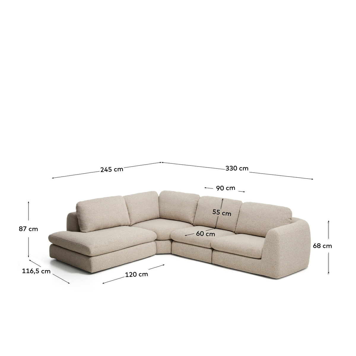 5-Sitzer Ecksofa Vera mit Randmodul links in Beige, 245 x 330 cm, FSC Mix Credit in Beige präsentiert im Onlineshop von KAQTU Design AG. 5er Sofa ist von Kave Home