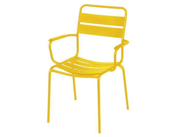 Glarus Ganzmetall-Gartenstuhl mit Armlehne in Gelb präsentiert im Onlineshop von KAQTU Design AG. Gartenstuhl mit Armlehnen ist von Schaffner