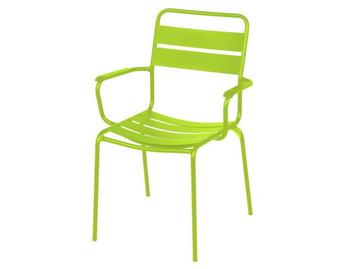 Robuster Glarus Ganzmetall-Gartenstuhl mit Armlehne aus verzinktem Stahl, wetterfest, langlebig, in verschiedenen Farben, perfekt für Garten, Terrasse und Gastronomie.