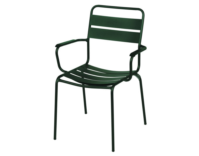 Robuster Glarus Ganzmetall-Gartenstuhl mit Armlehne aus verzinktem Stahl, wetterfest, langlebig, stilvoll, Swiss Made, in vielen Farben – perfekt für Garten, Terrasse und Gastronomie.