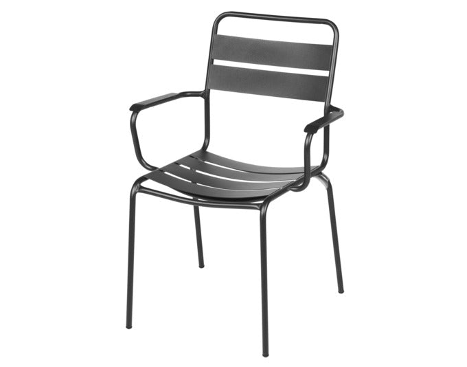 Robuster Glarus Ganzmetall-Gartenstuhl mit Armlehne aus verzinktem Stahl, wetterfest, UV-beständig, langlebig, stilvolles Design, Swiss Made, vielseitig einsetzbar.