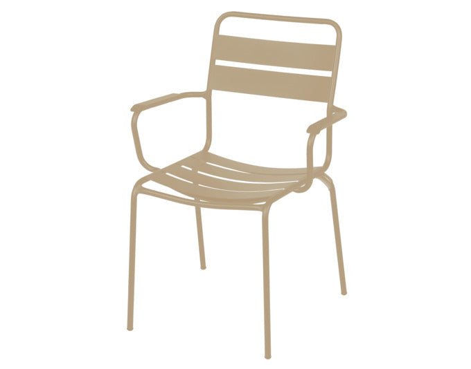 Robuster Glarus Metall-Gartenstuhl mit Armlehnen, wetterfest, UV-beständig, langlebig, stilvolles Design, Swiss Made – ideal für Garten, Terrasse und Gastronomie.